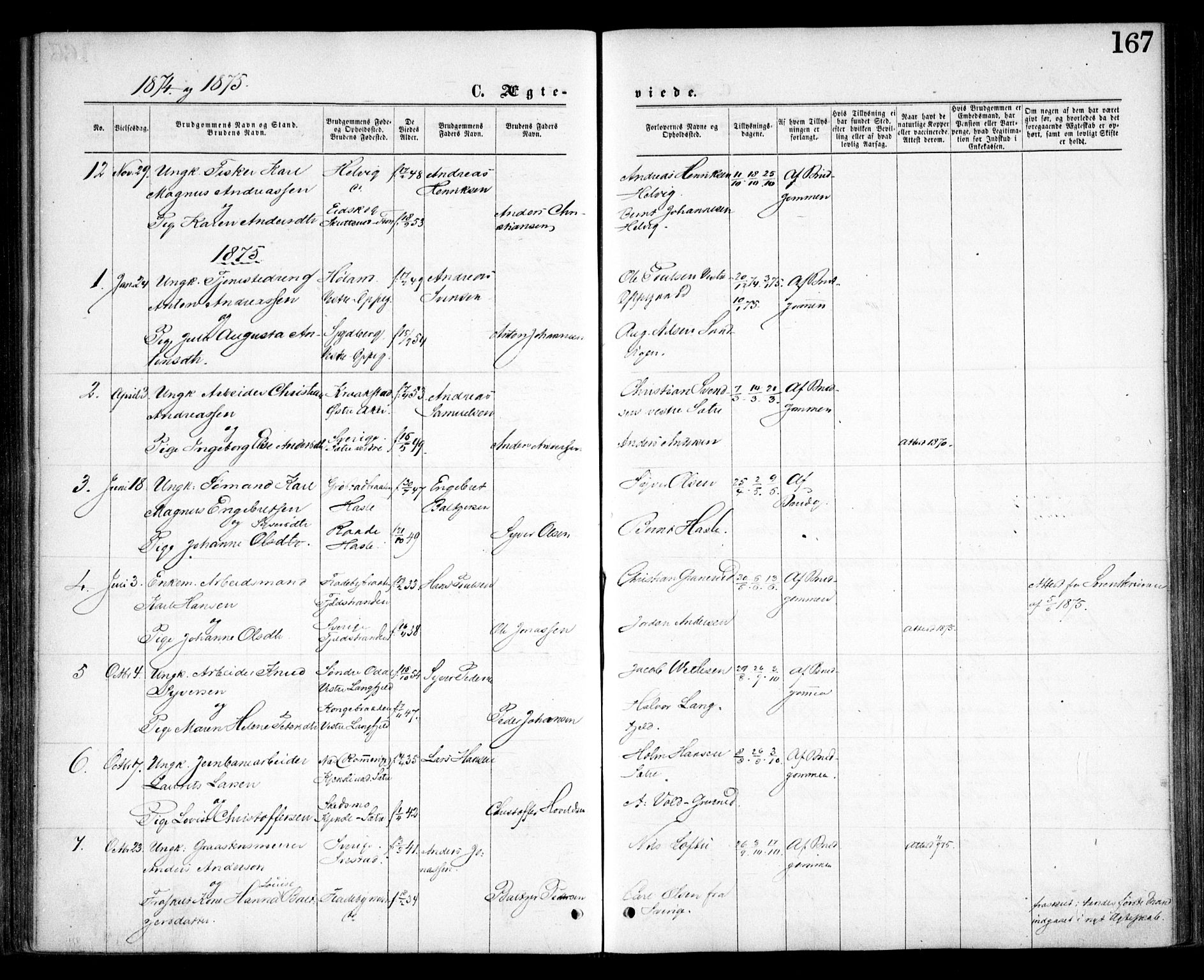 Nesodden prestekontor Kirkebøker, SAO/A-10013/F/Fa/L0008: Parish register (official) no. I 8, 1869-1879, p. 167