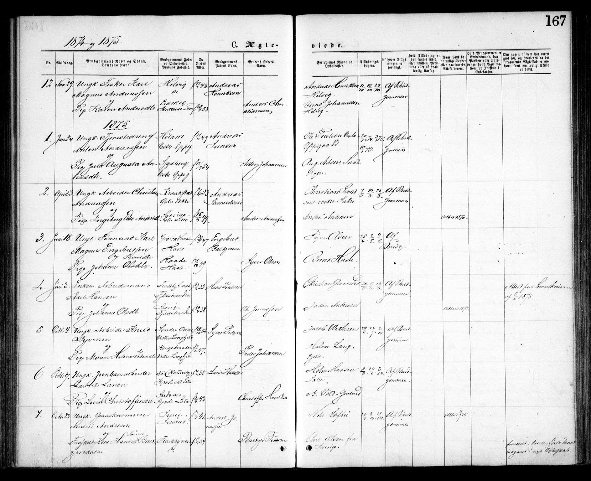 Nesodden prestekontor Kirkebøker, AV/SAO-A-10013/F/Fa/L0008: Parish register (official) no. I 8, 1869-1879, p. 167