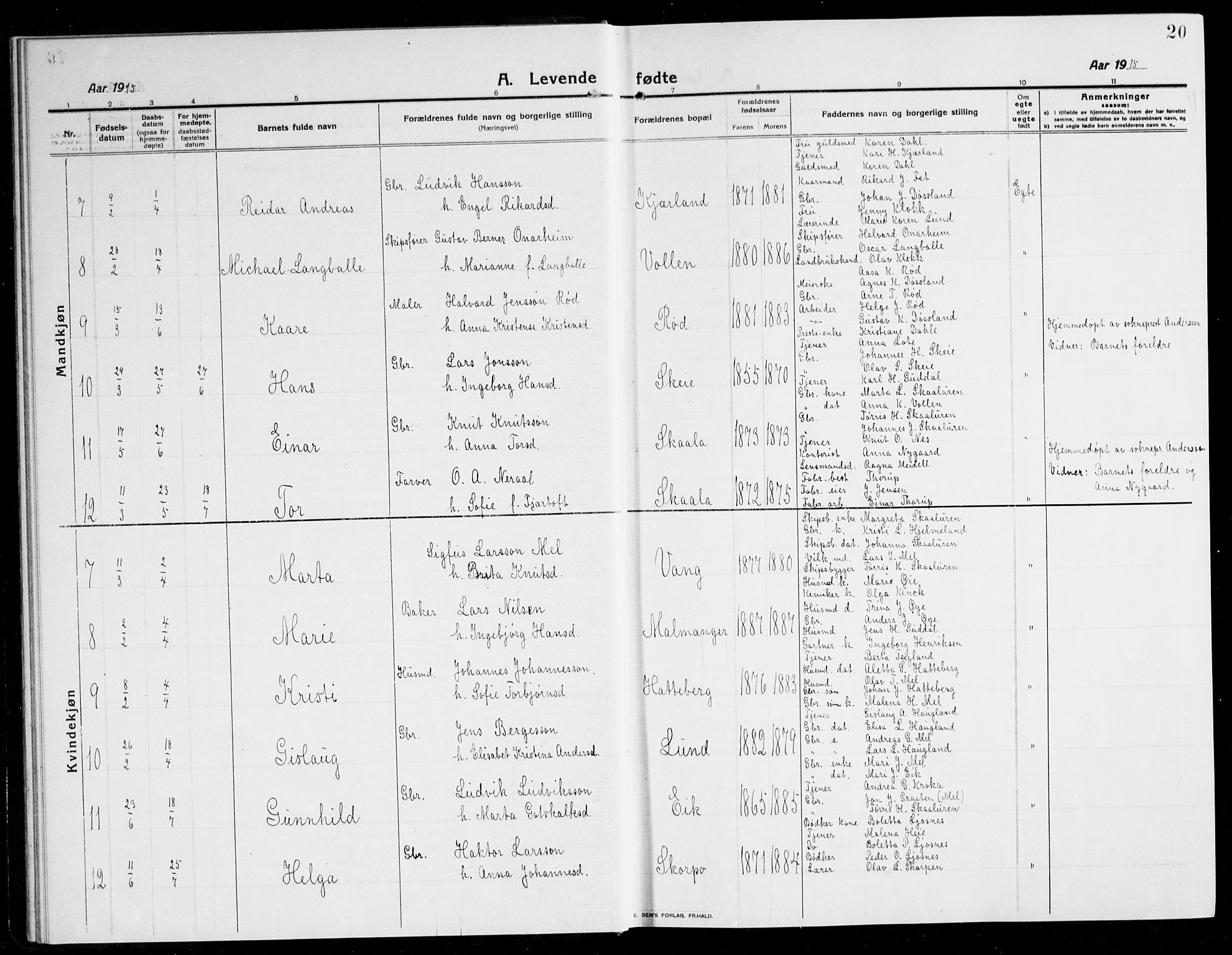 Kvinnherad sokneprestembete, SAB/A-76401/H/Hab: Parish register (copy) no. A 3, 1911-1945, p. 20