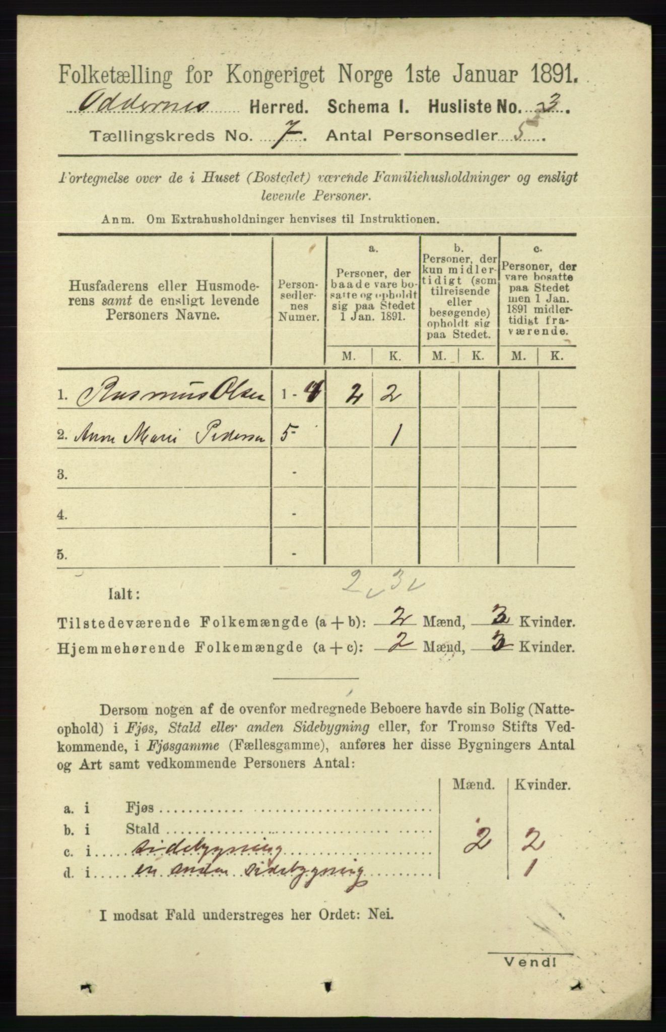 RA, 1891 census for 1012 Oddernes, 1891, p. 2450