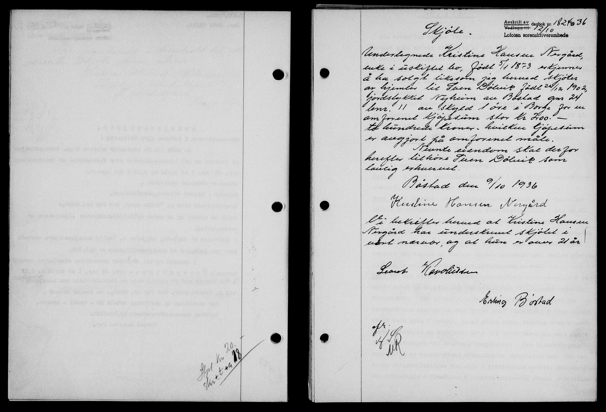 Lofoten sorenskriveri, SAT/A-0017/1/2/2C/L0001a: Mortgage book no. 1a, 1936-1937, Diary no: : 1824/1936