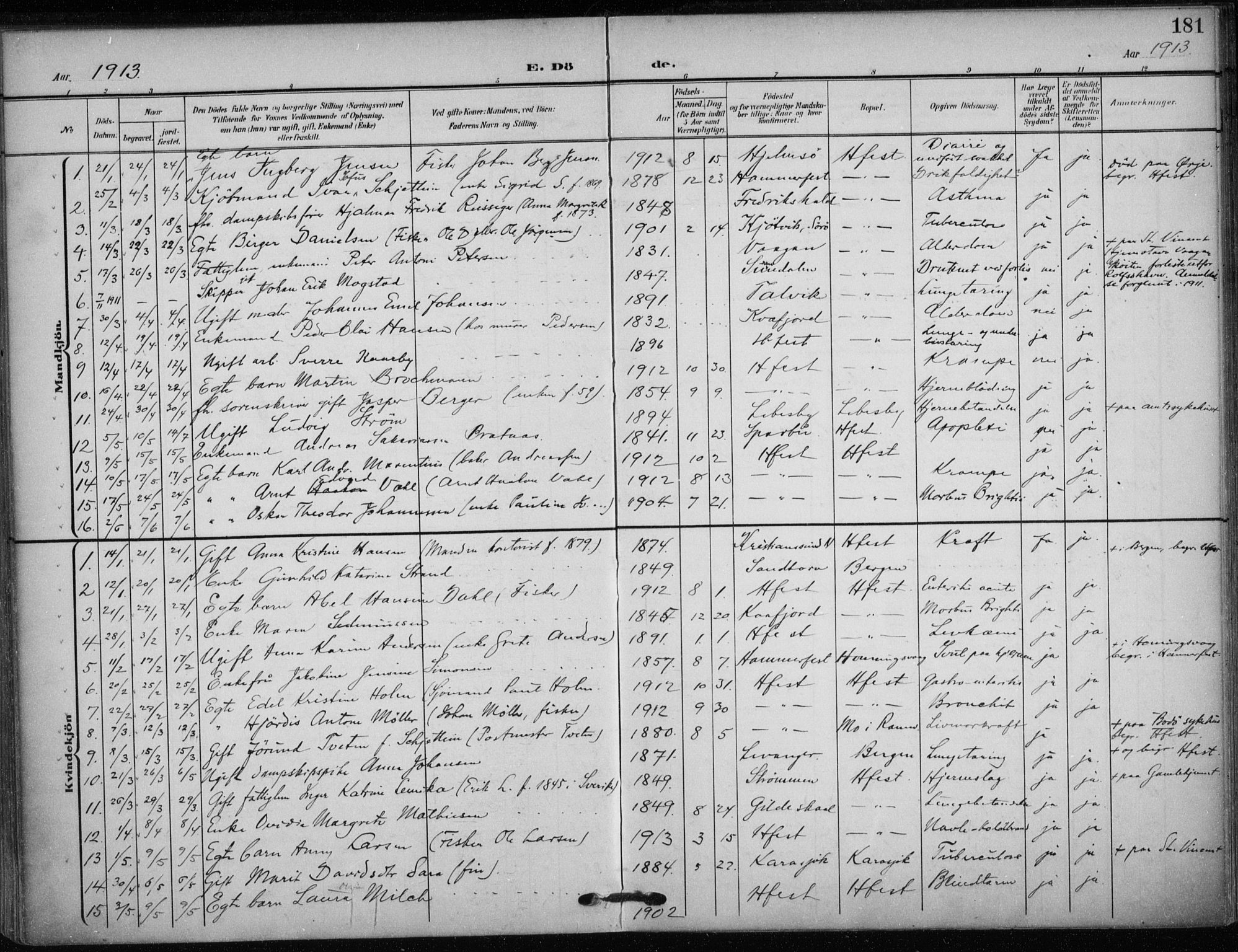 Hammerfest sokneprestkontor, SATØ/S-1347/H/Ha/L0014.kirke: Parish register (official) no. 14, 1906-1916, p. 181