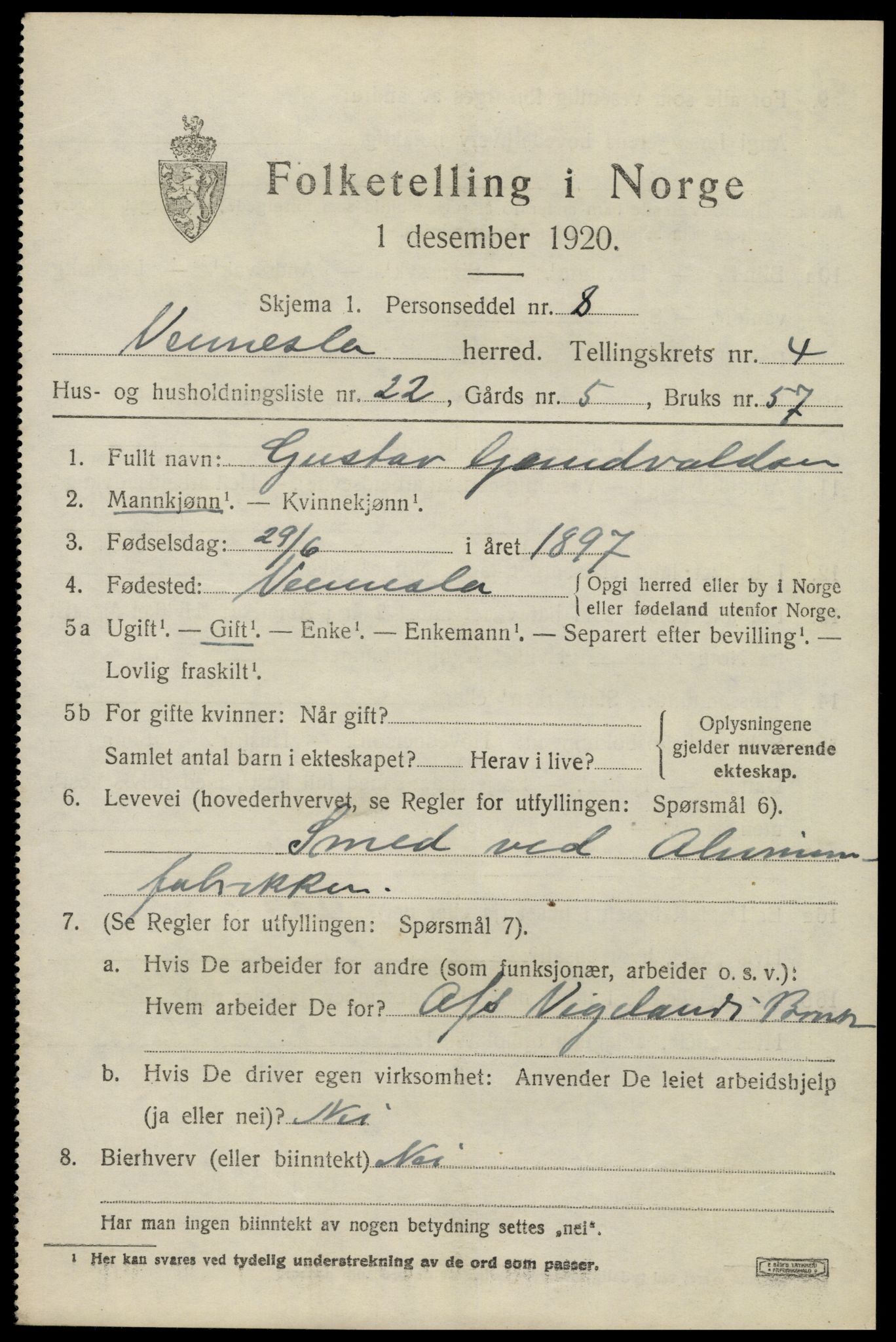 SAK, 1920 census for Vennesla, 1920, p. 3128