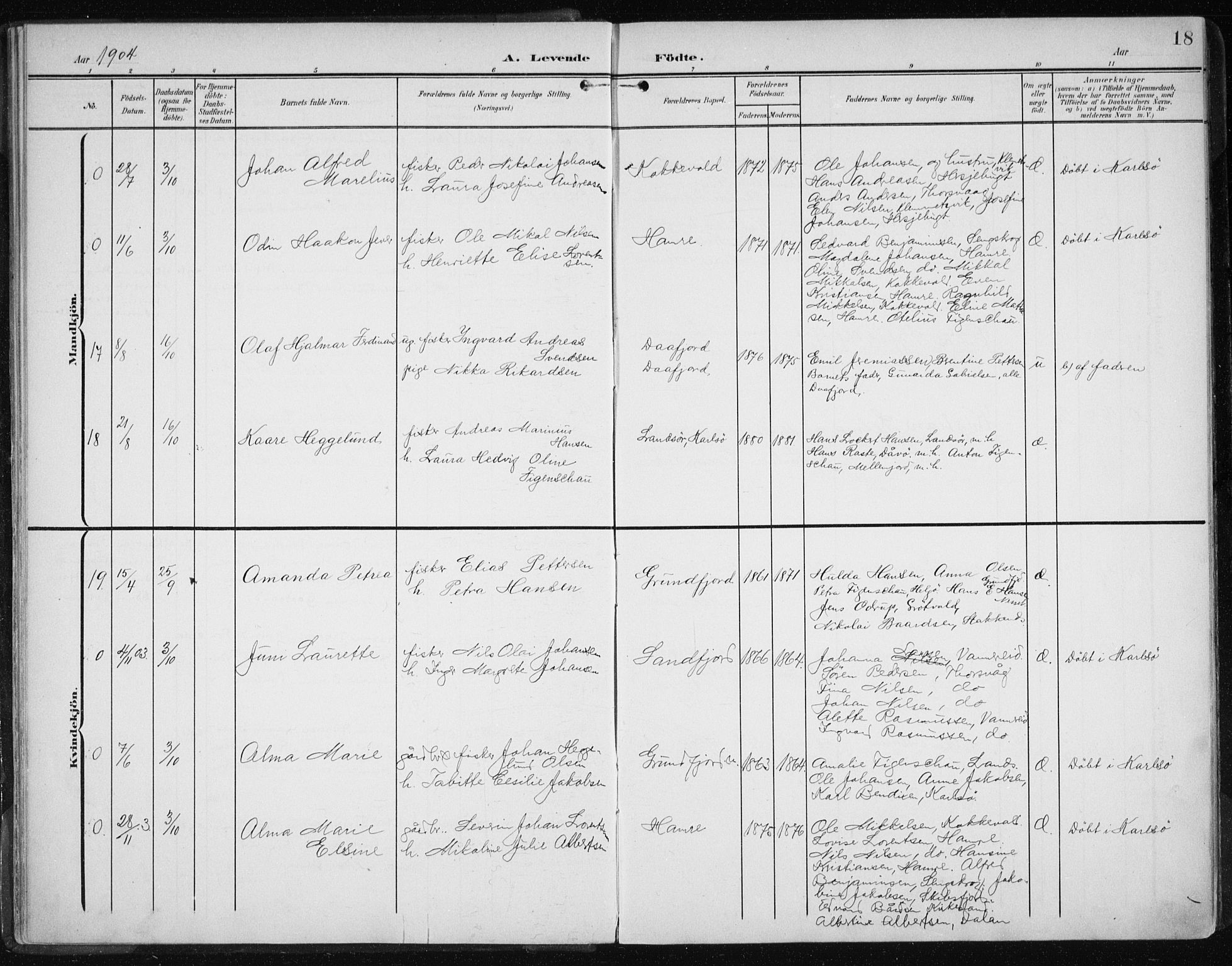 Karlsøy sokneprestembete, SATØ/S-1299/H/Ha/Haa/L0013kirke: Parish register (official) no. 13, 1902-1916, p. 18