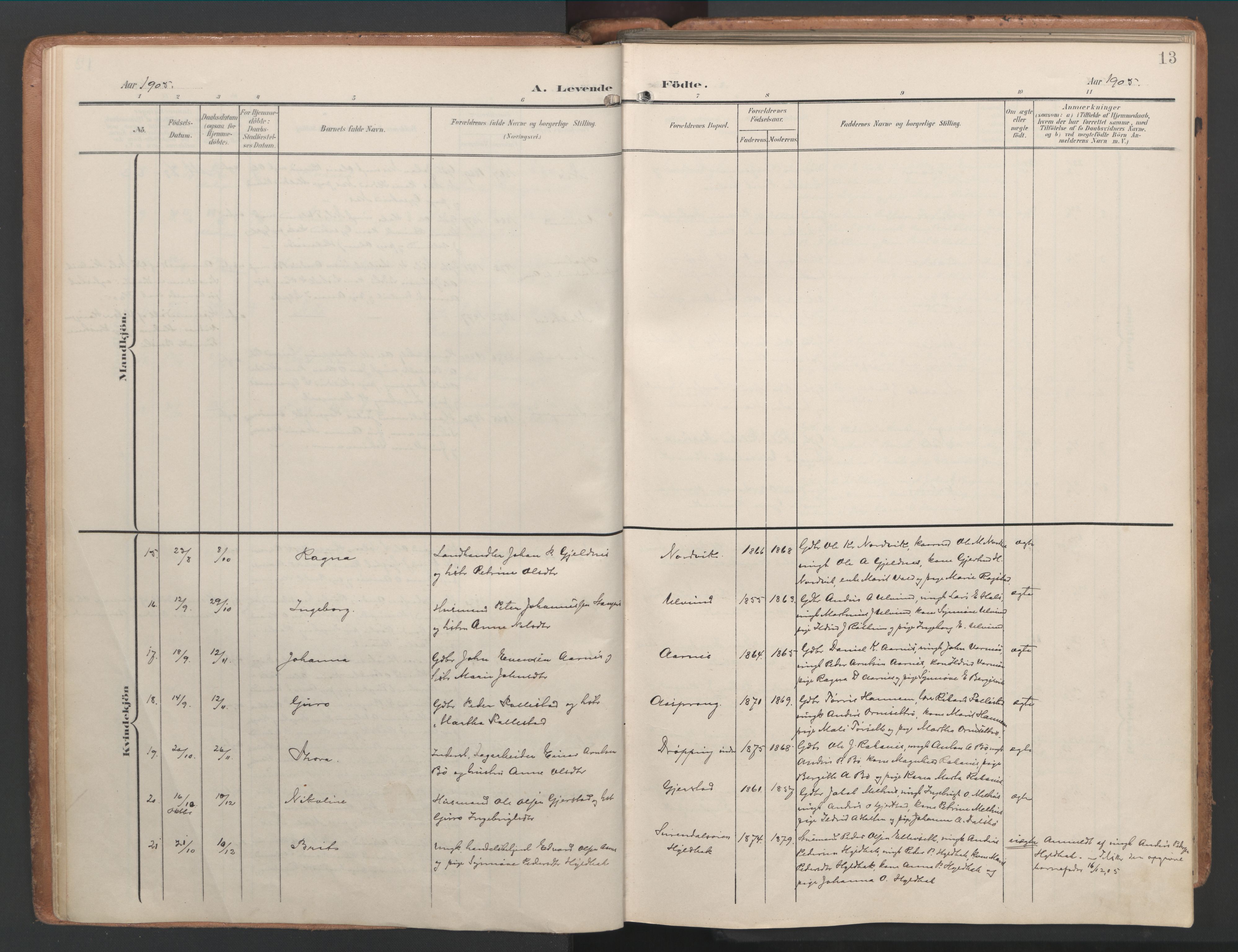 Ministerialprotokoller, klokkerbøker og fødselsregistre - Møre og Romsdal, AV/SAT-A-1454/592/L1030: Parish register (official) no. 592A08, 1901-1925, p. 13