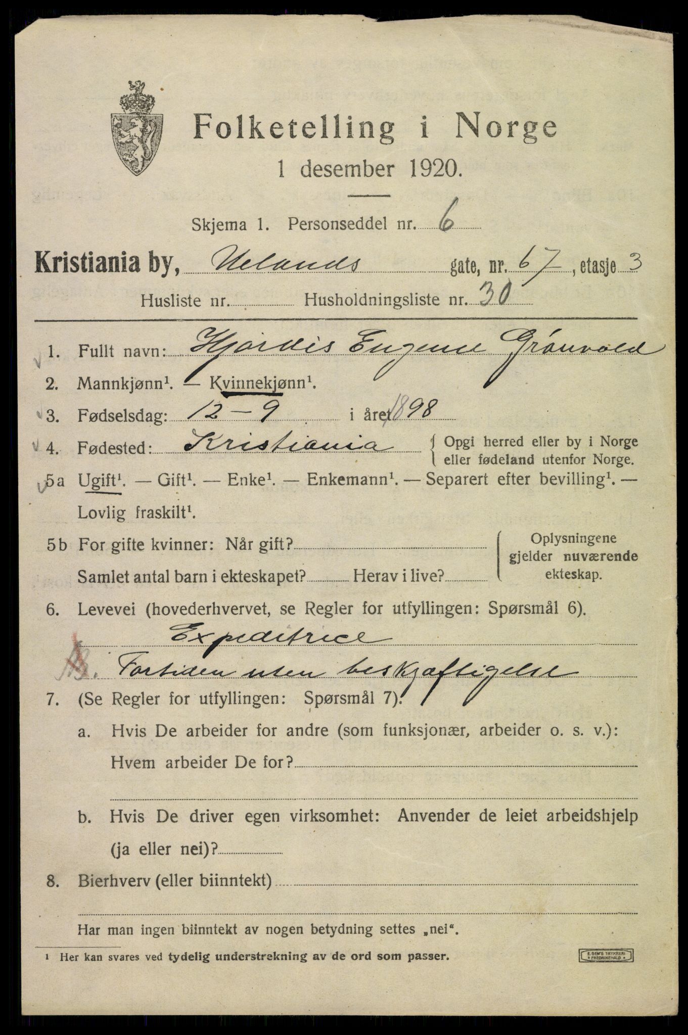 SAO, 1920 census for Kristiania, 1920, p. 612285