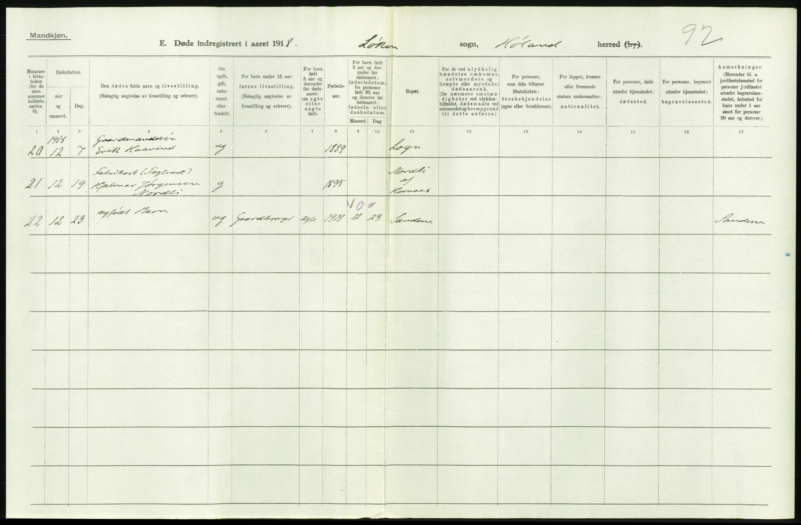 Statistisk sentralbyrå, Sosiodemografiske emner, Befolkning, AV/RA-S-2228/D/Df/Dfb/Dfbh/L0006: Akershus fylke: Døde. Bygder og byer., 1918, p. 198