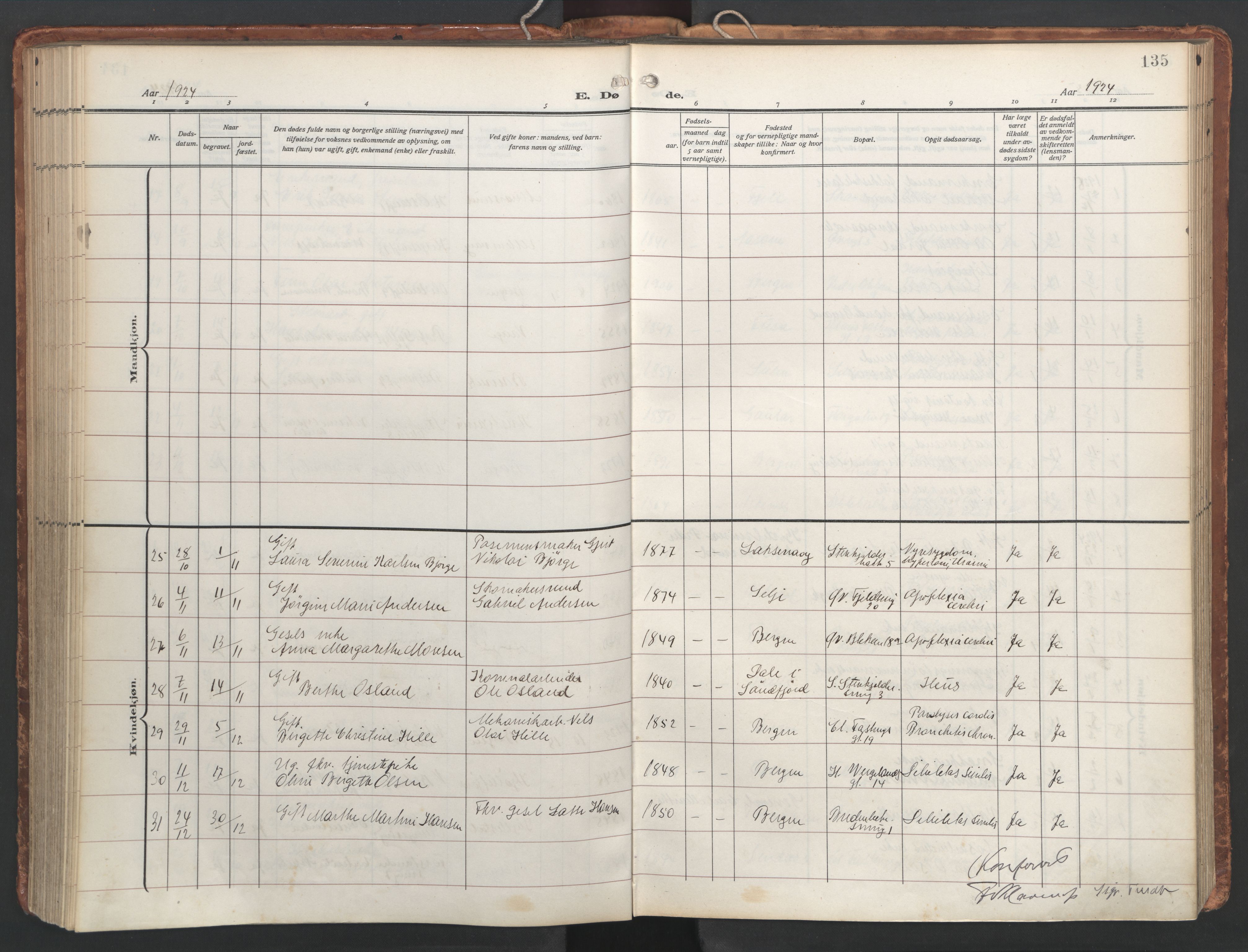 Korskirken sokneprestembete, AV/SAB-A-76101/H/Hab: Parish register (copy) no. E 5, 1910-1956, p. 134b-135a