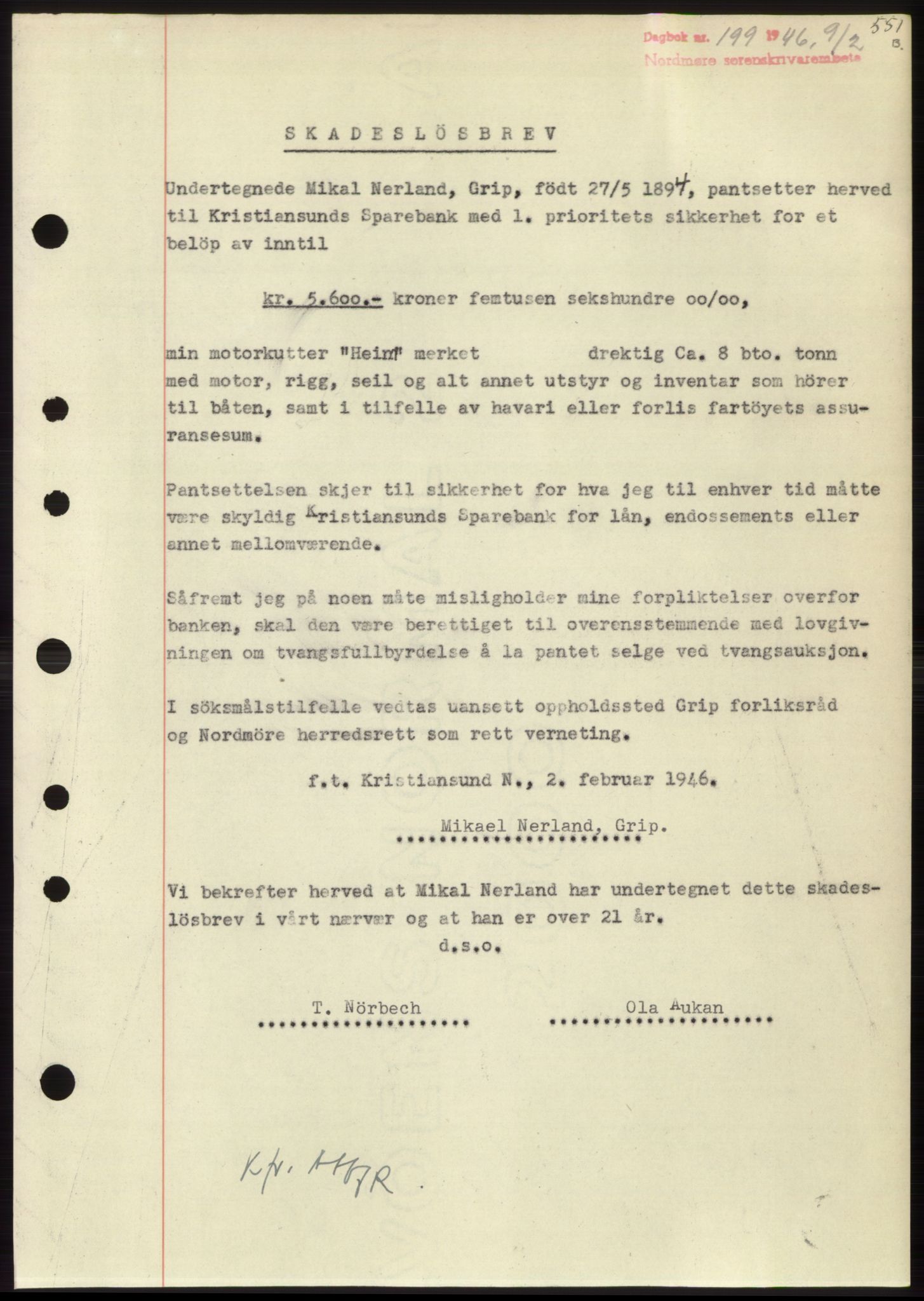 Nordmøre sorenskriveri, AV/SAT-A-4132/1/2/2Ca: Mortgage book no. B93b, 1946-1946, Diary no: : 199/1946