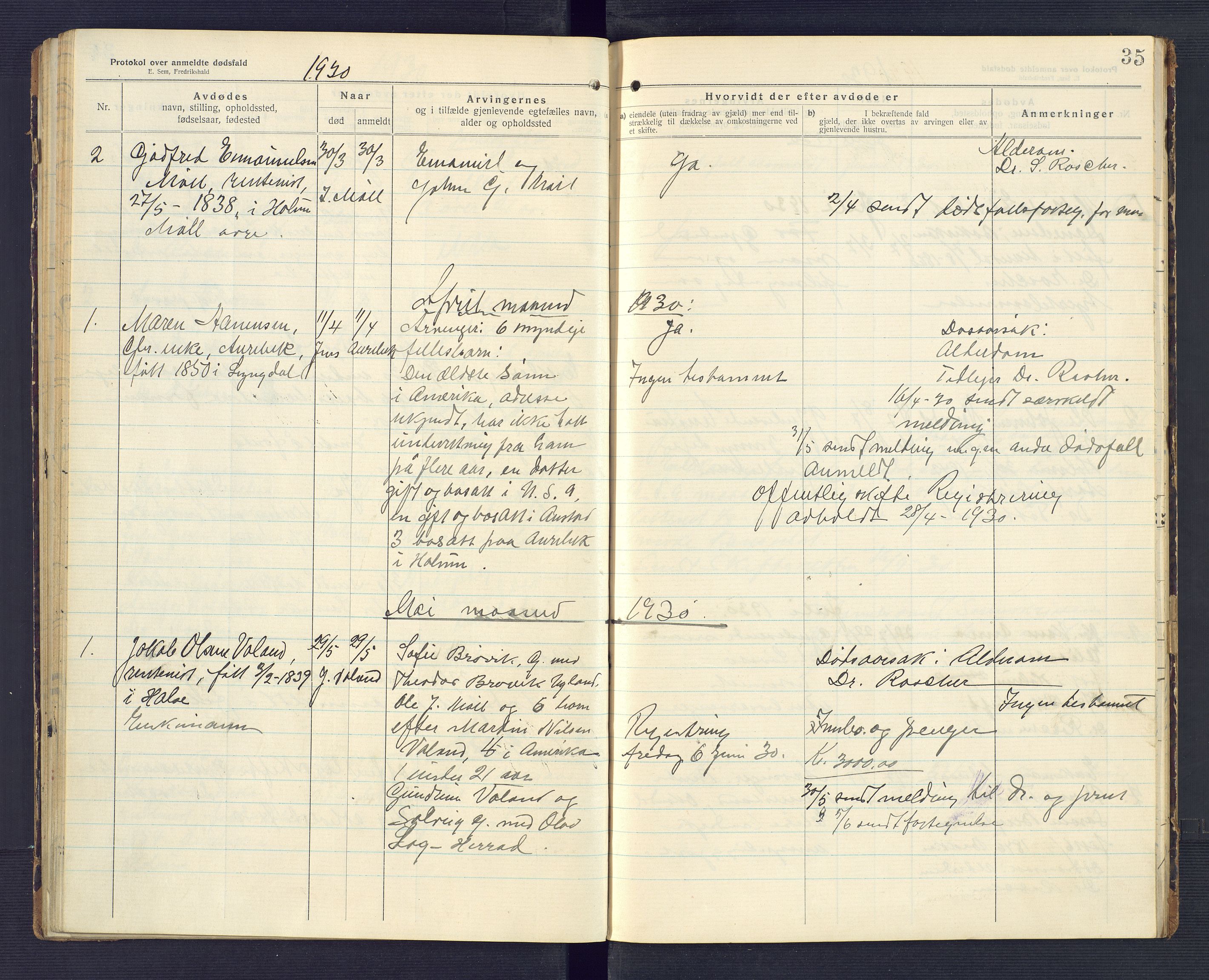 Holum lensmannskontor, AV/SAK-1241-0022/F/Fe/L0002: Anmeldte dødsfall nr 22, 1922-1932, p. 35