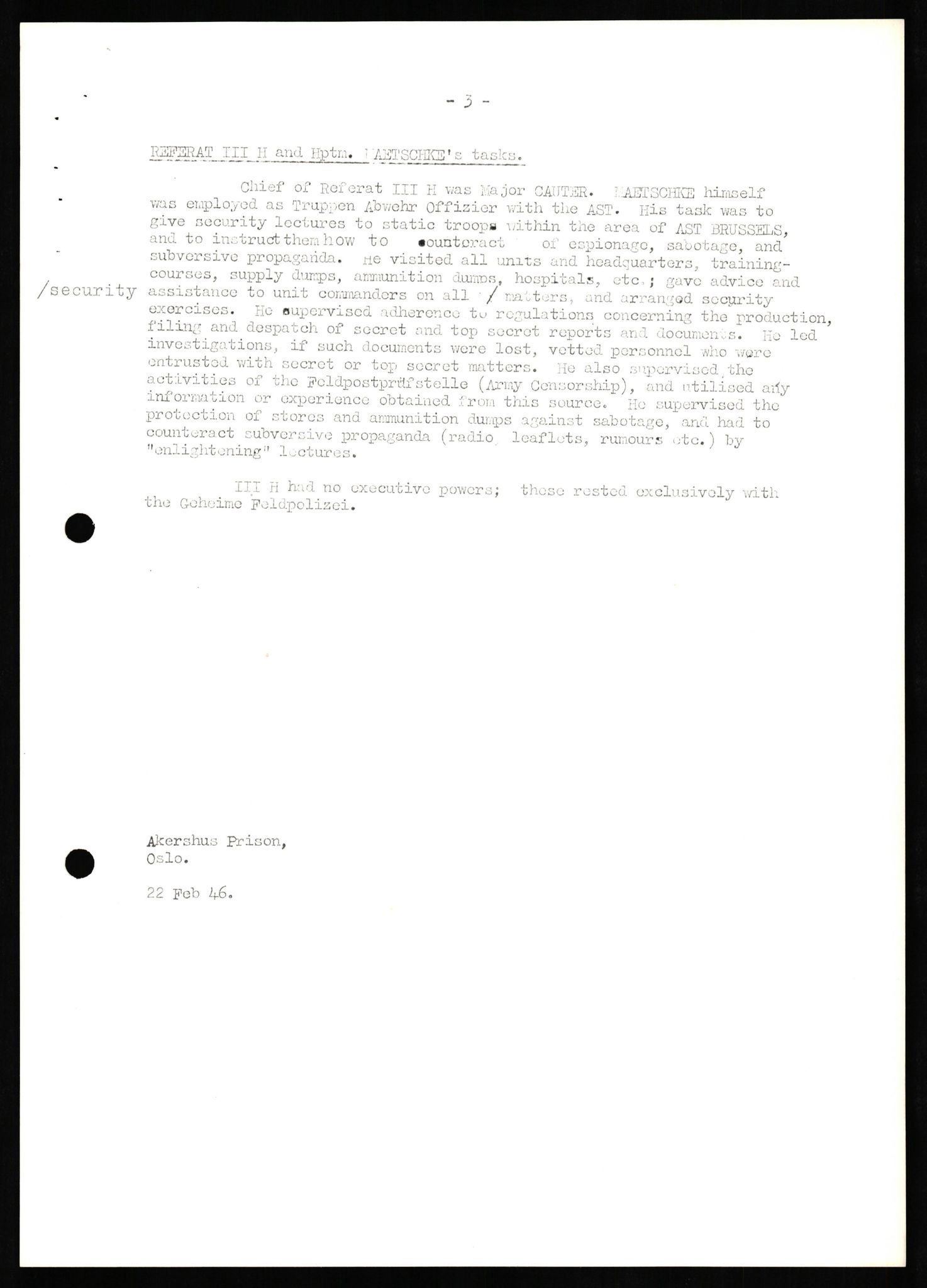 Forsvaret, Forsvarets overkommando II, AV/RA-RAFA-3915/D/Db/L0021: CI Questionaires. Tyske okkupasjonsstyrker i Norge. Tyskere., 1945-1946, p. 31