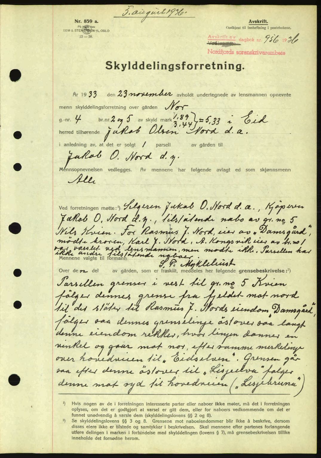 Nordfjord sorenskriveri, AV/SAB-A-2801/02/02b/02bj/L0001: Mortgage book no. A1, 1936-1937, Diary no: : 956/1936