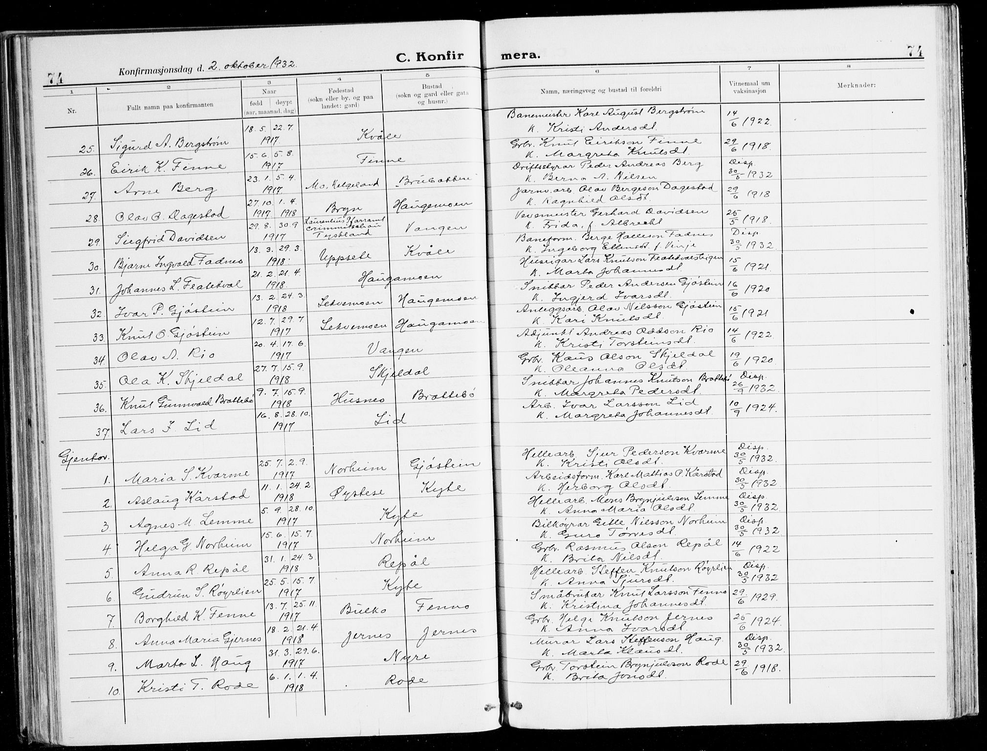 Voss sokneprestembete, AV/SAB-A-79001/H/Haa: Parish register (official) no. B 3, 1922-1942, p. 74