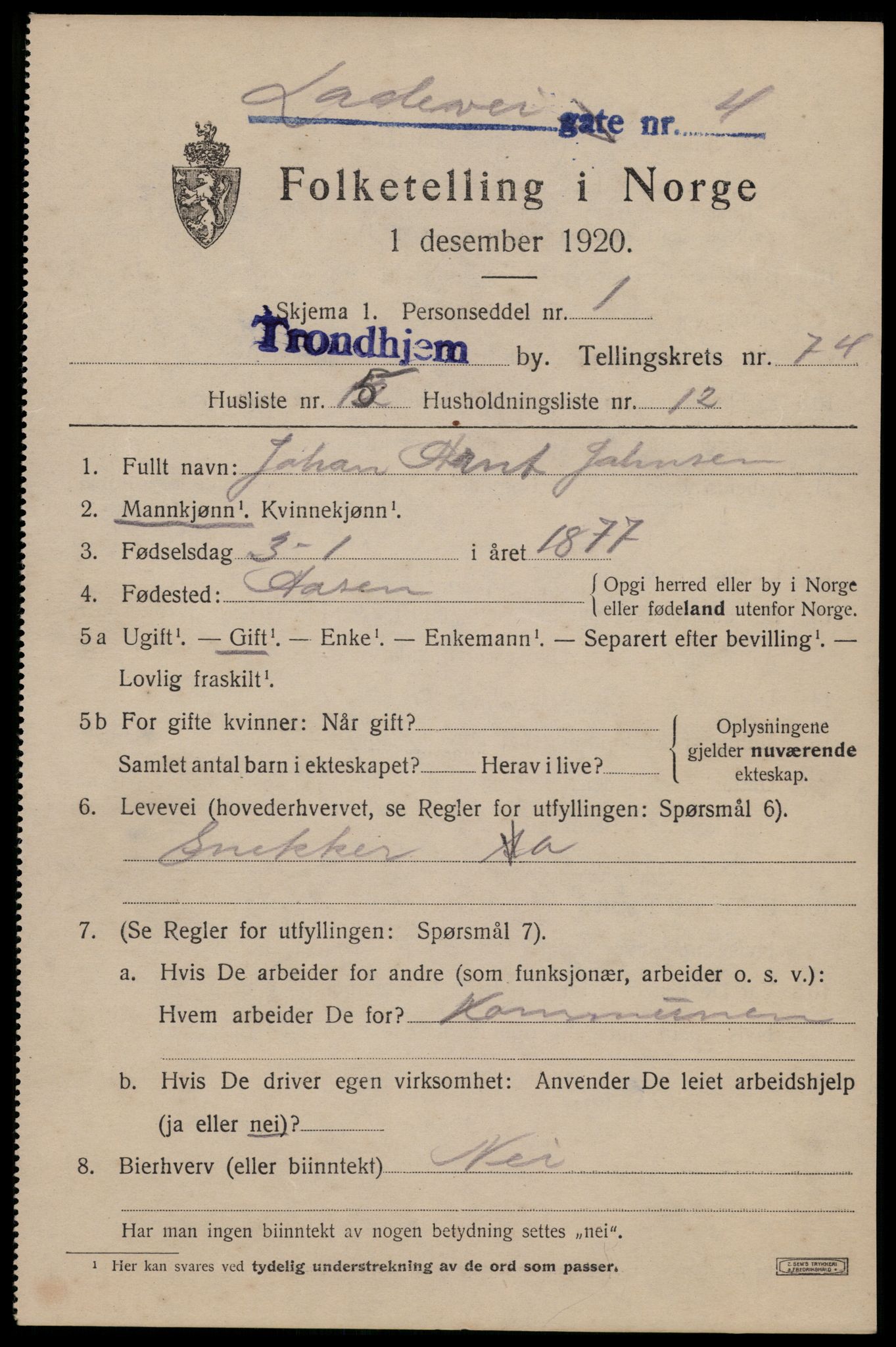 SAT, 1920 census for Trondheim, 1920, p. 144088