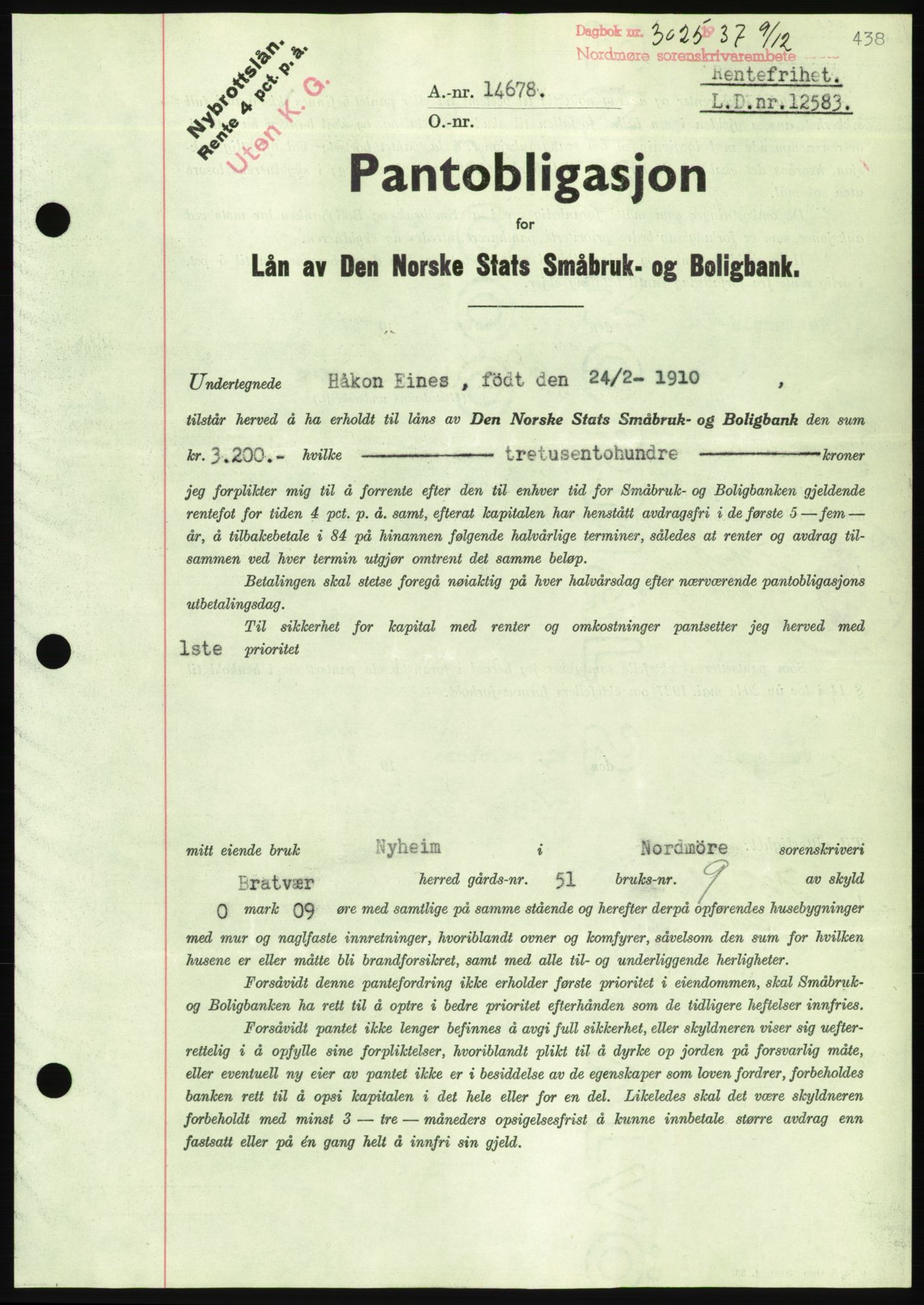 Nordmøre sorenskriveri, AV/SAT-A-4132/1/2/2Ca/L0092: Mortgage book no. B82, 1937-1938, Diary no: : 3025/1937