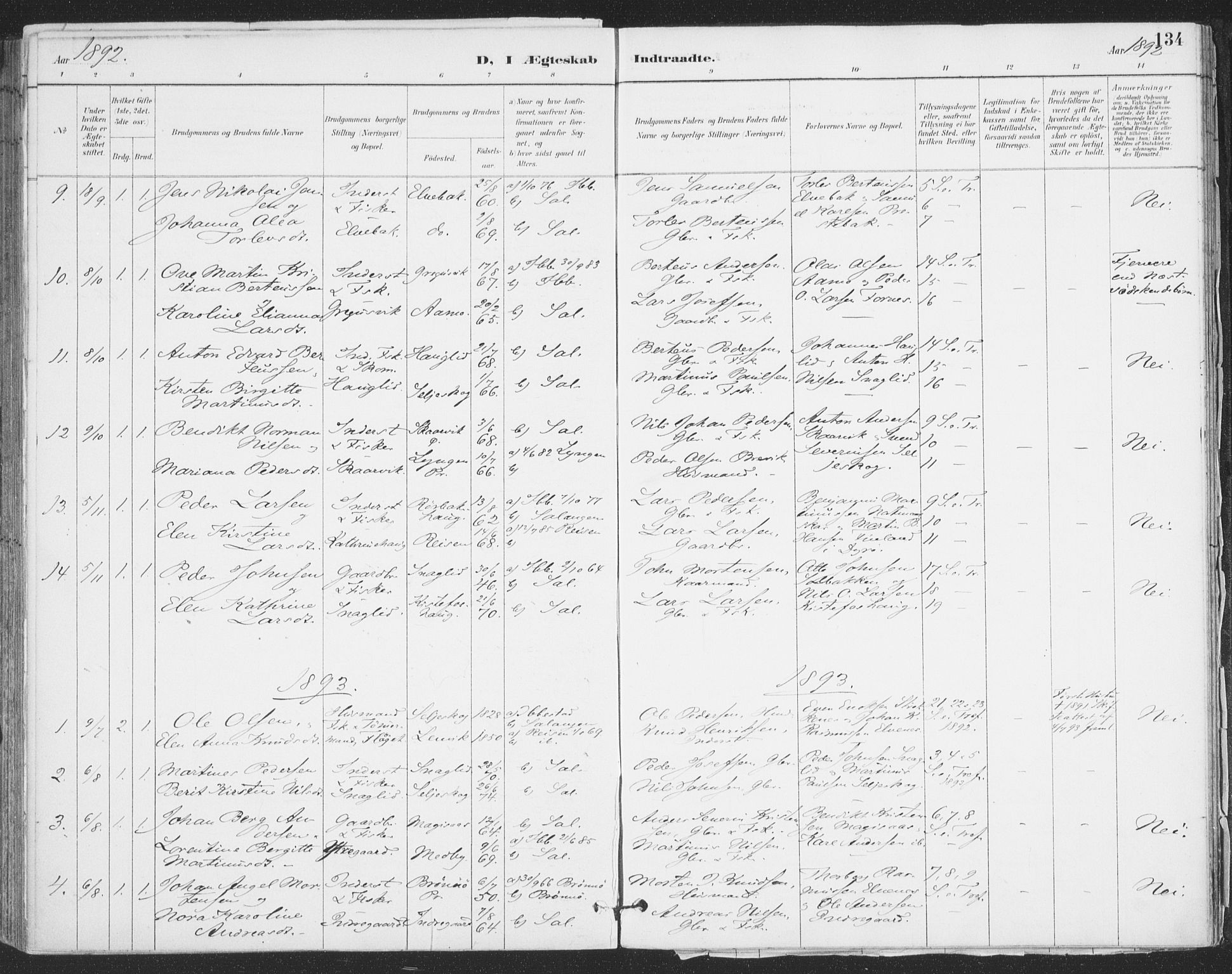 Ibestad sokneprestembete, AV/SATØ-S-0077/H/Ha/Haa/L0015kirke: Parish register (official) no. 15, 1888-1899, p. 134