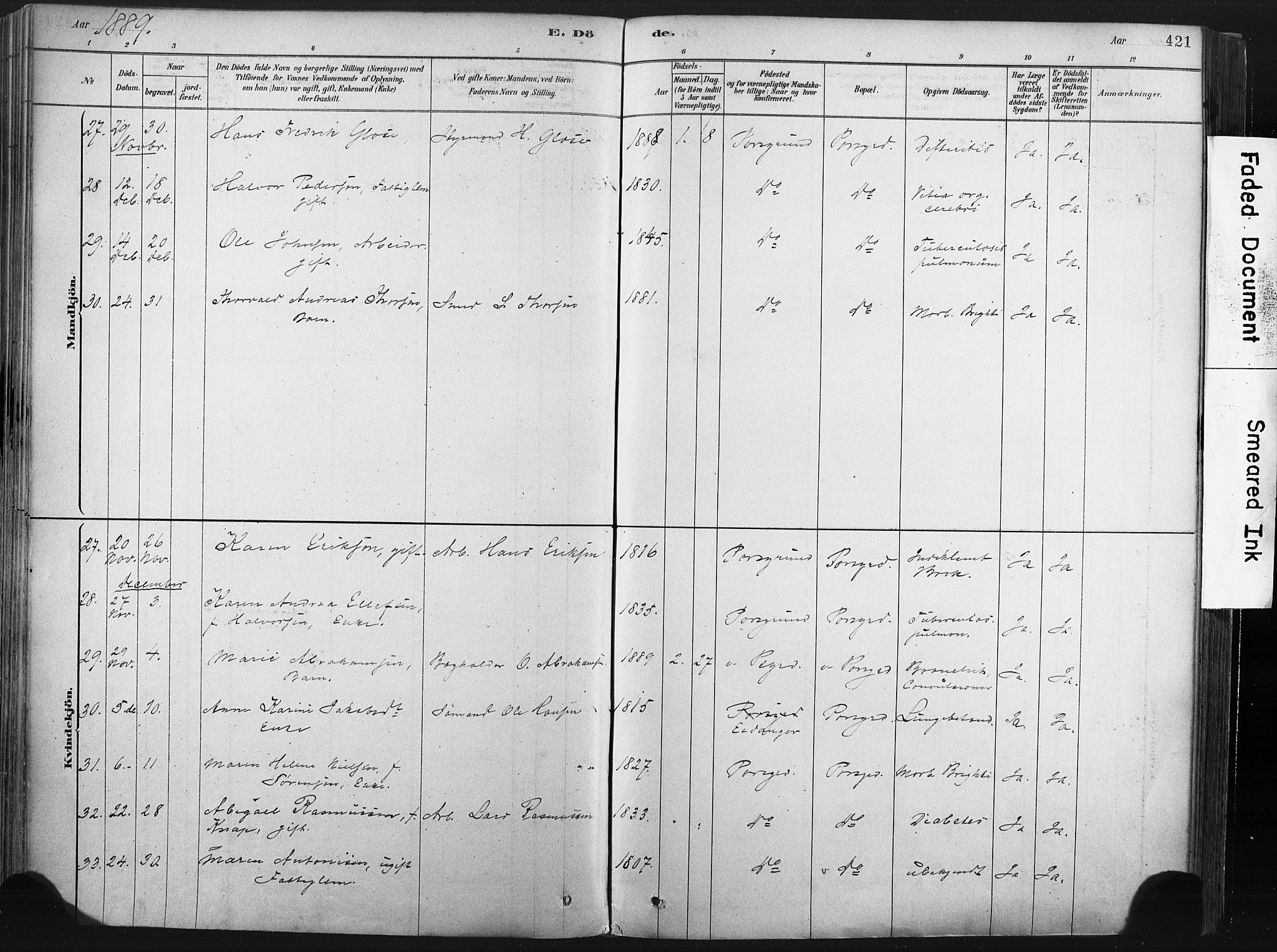 Porsgrunn kirkebøker , SAKO/A-104/F/Fa/L0008: Parish register (official) no. 8, 1878-1895, p. 421
