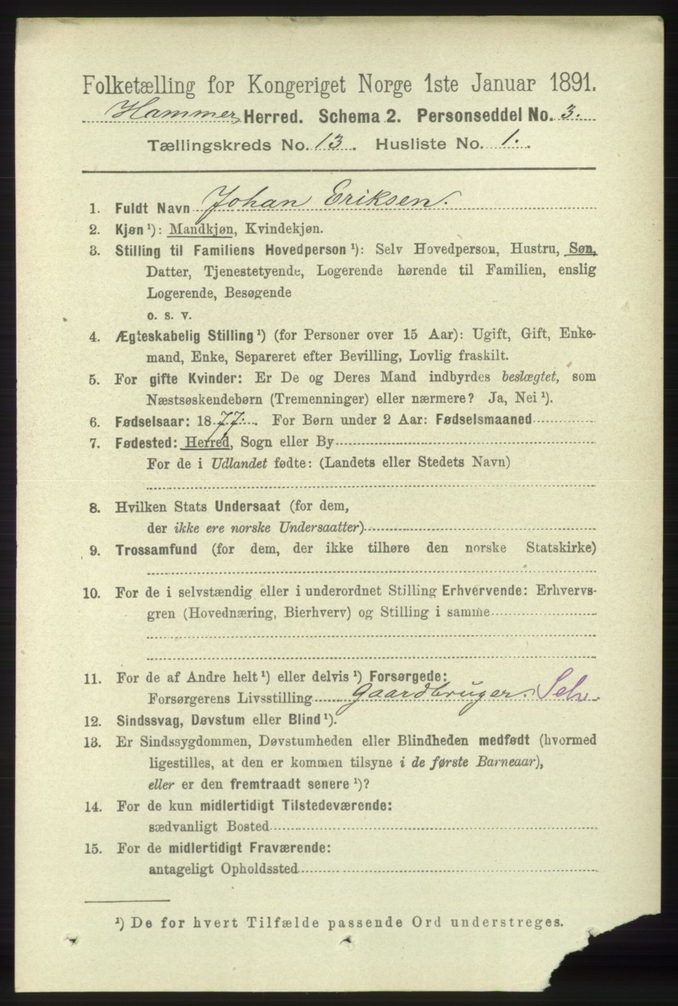 RA, 1891 census for 1254 Hamre, 1891, p. 3995