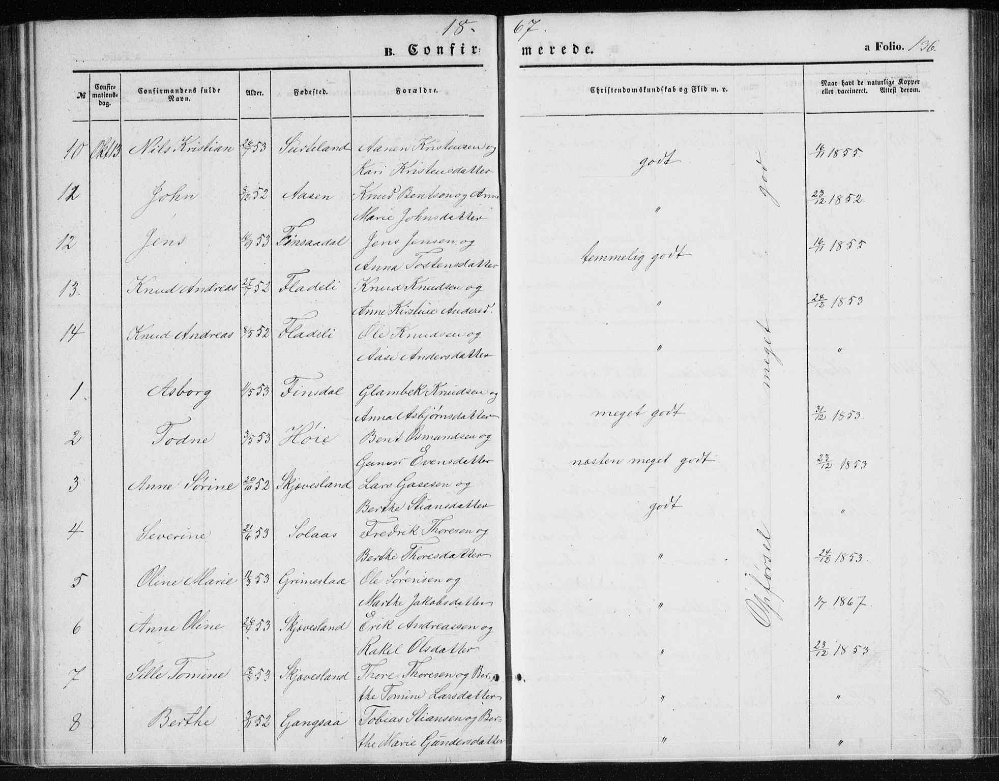 Holum sokneprestkontor, AV/SAK-1111-0022/F/Fb/Fbc/L0002: Parish register (copy) no. B 2, 1860-1882, p. 136