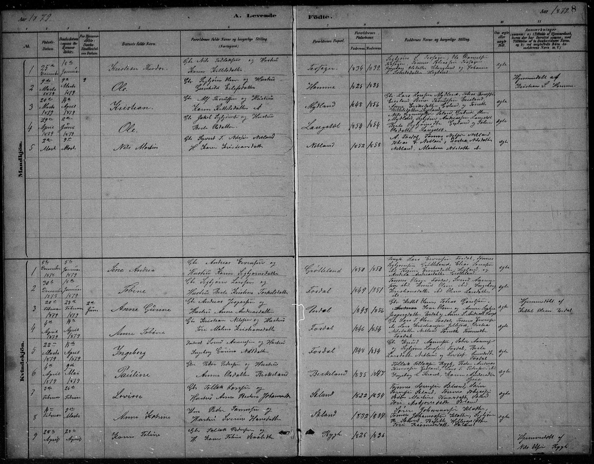 Bakke sokneprestkontor, SAK/1111-0002/F/Fb/Fbb/L0003: Parish register (copy) no. B 3, 1878-1896, p. 8