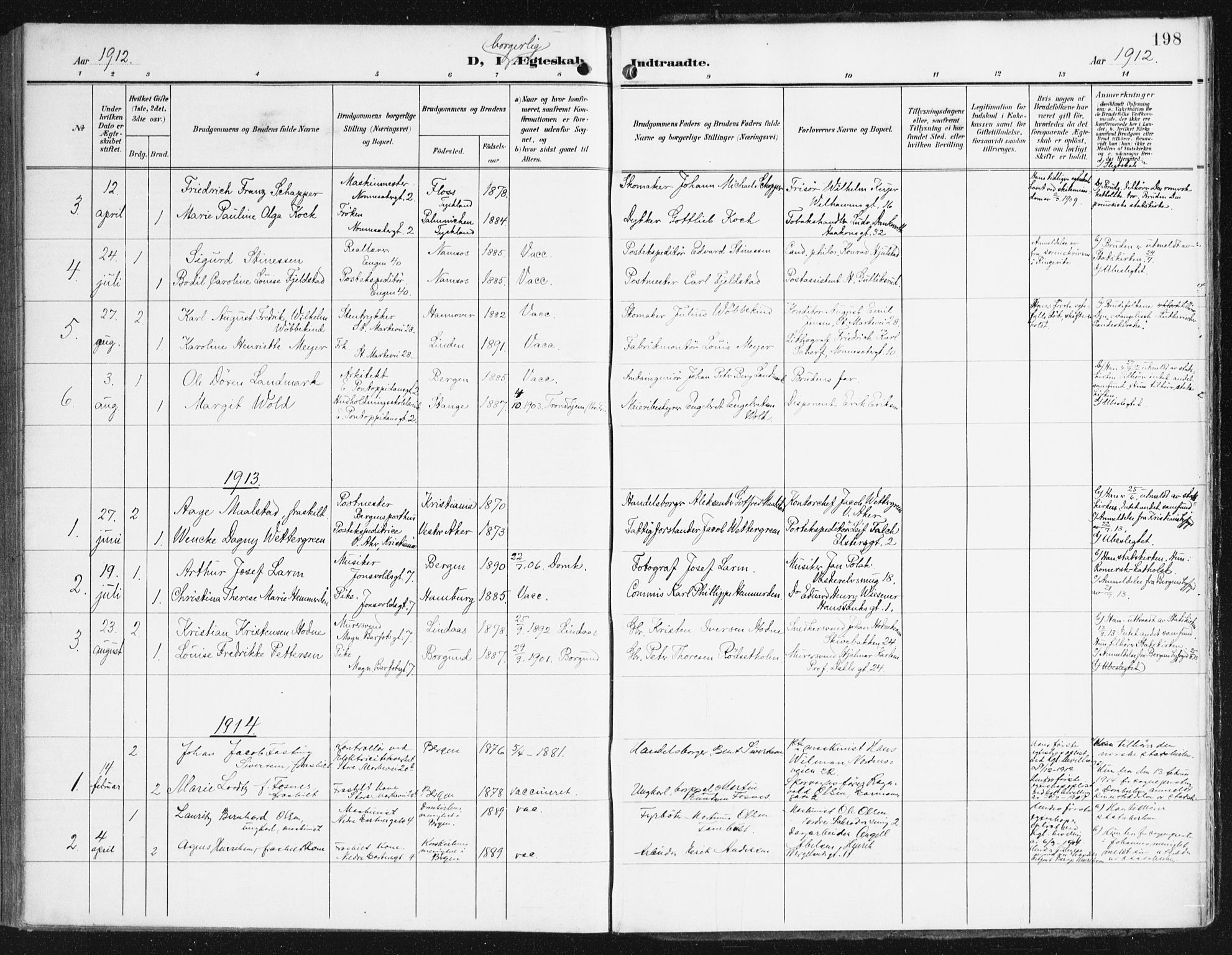 Domkirken sokneprestembete, SAB/A-74801/H/Haa/L0038: Parish register (official) no. D 5, 1906-1921, p. 198