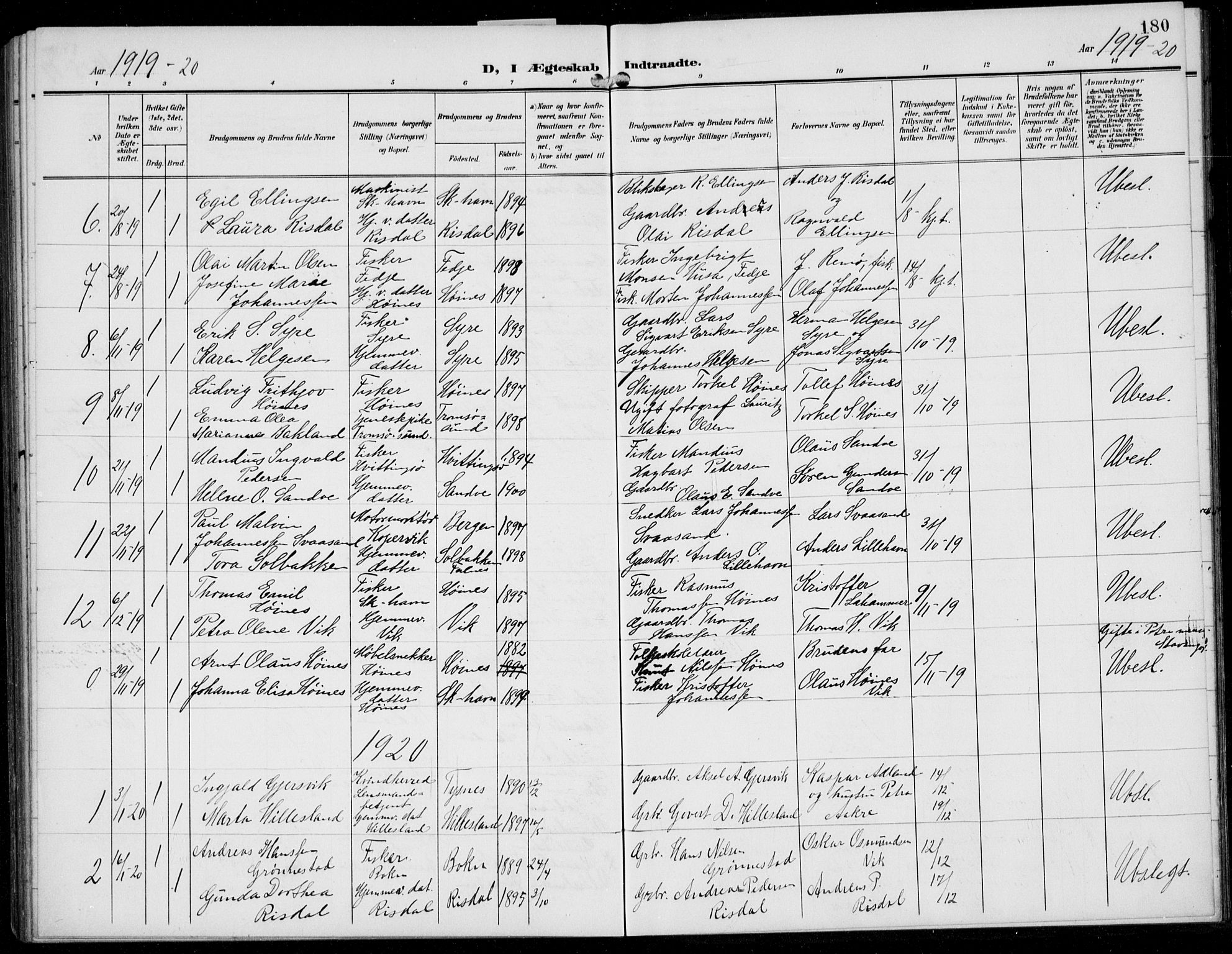 Skudenes sokneprestkontor, SAST/A -101849/H/Ha/Hab/L0009: Parish register (copy) no. B 9, 1908-1936, p. 180