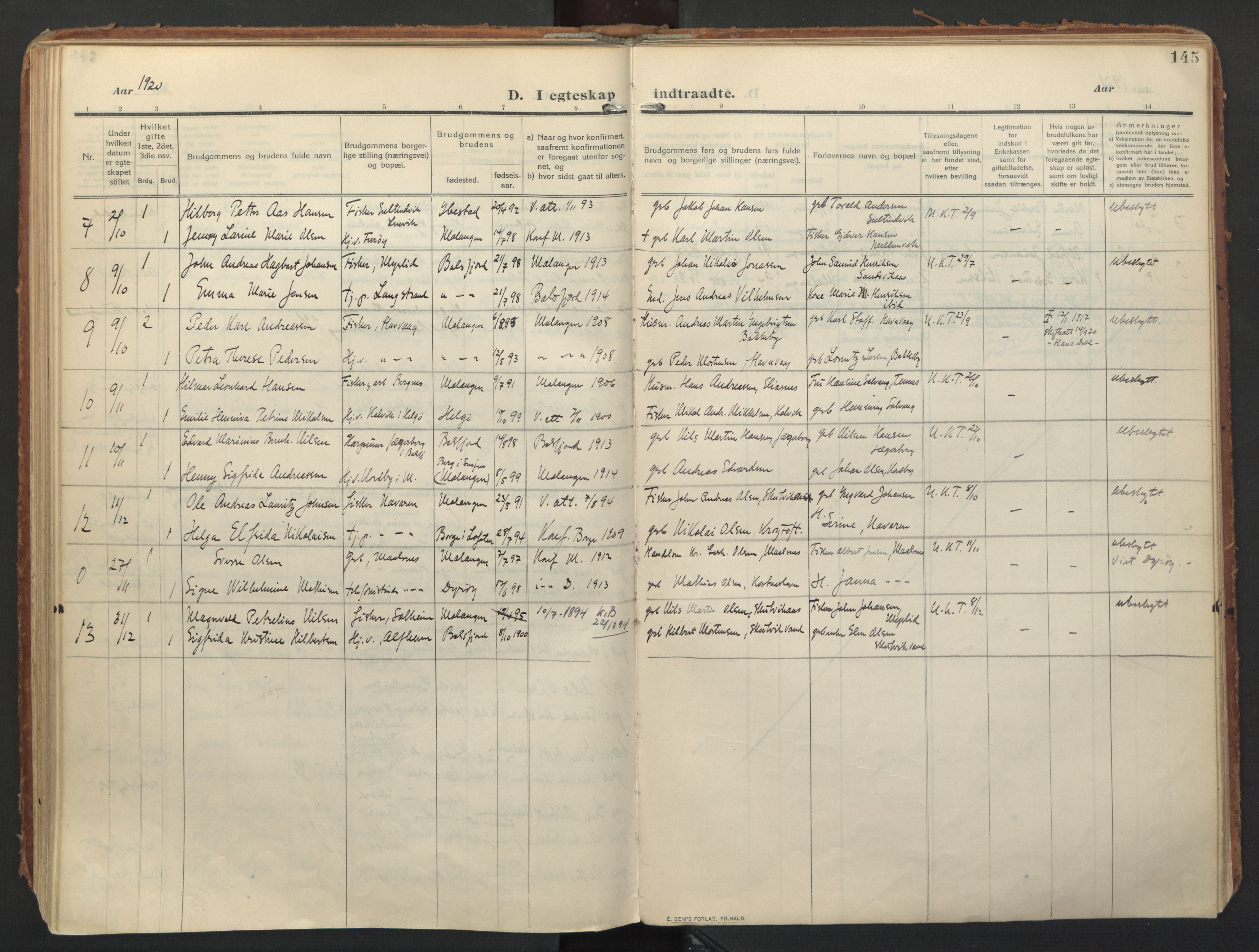 Balsfjord sokneprestembete, AV/SATØ-S-1303/G/Ga/L0008kirke: Parish register (official) no. 8, 1910-1927, p. 145