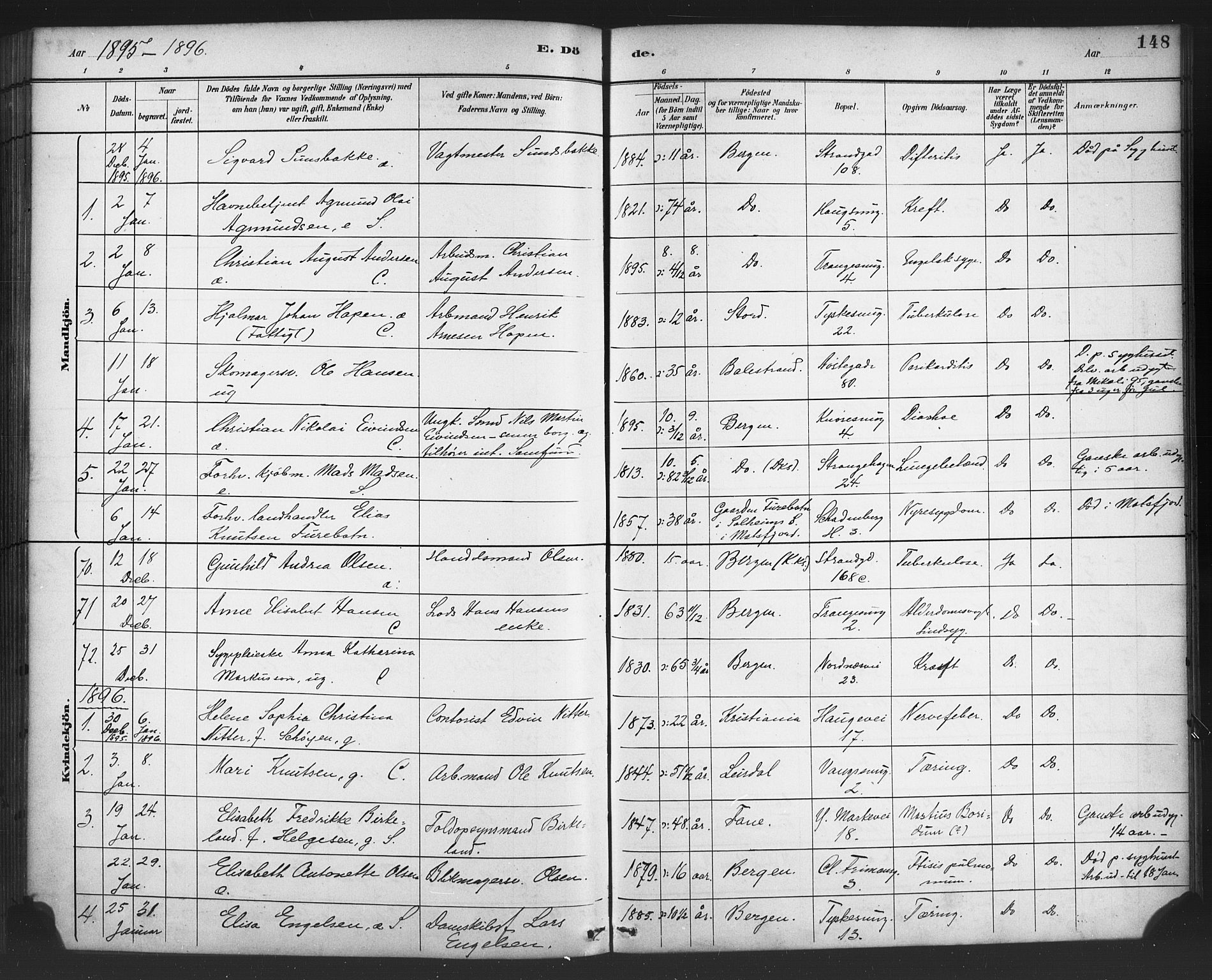 Nykirken Sokneprestembete, SAB/A-77101/H/Haa/L0044: Parish register (official) no. E 4, 1882-1898, p. 148