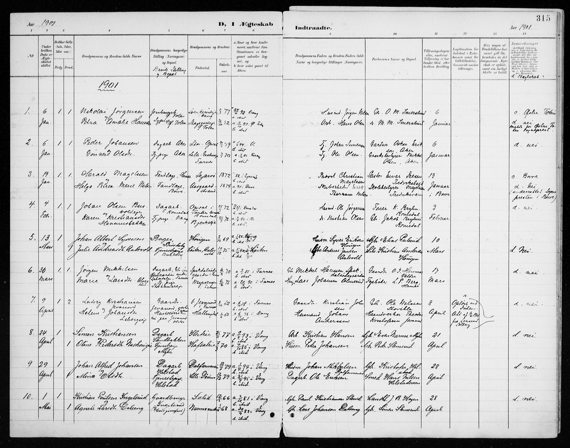 Vang prestekontor, Hedmark, SAH/PREST-008/H/Ha/Haa/L0021: Parish register (official) no. 21, 1902-1917, p. 315