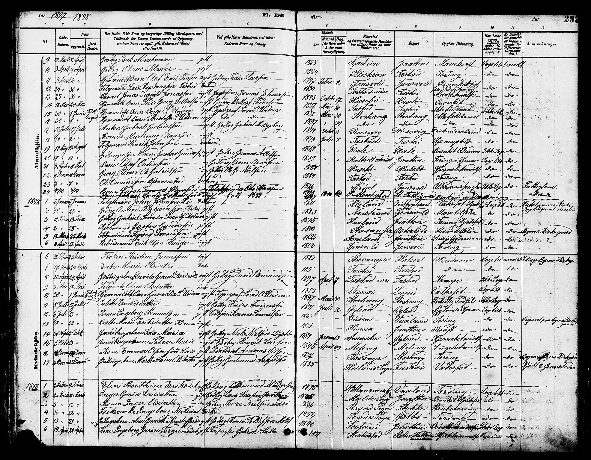 Hetland sokneprestkontor, SAST/A-101826/30/30BB/L0005: Parish register (copy) no. B 5, 1878-1910, p. 293