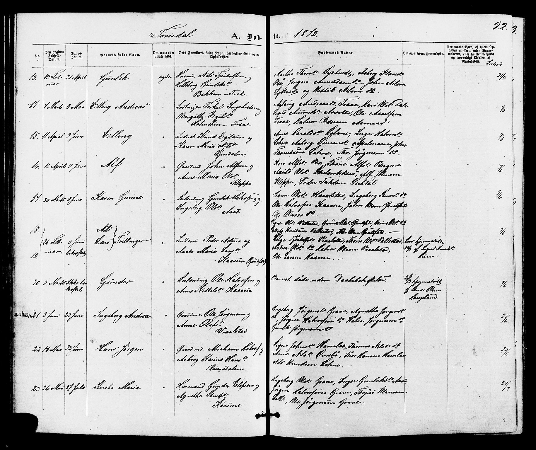 Drangedal kirkebøker, SAKO/A-258/F/Fa/L0009: Parish register (official) no. 9 /2, 1872-1884, p. 92