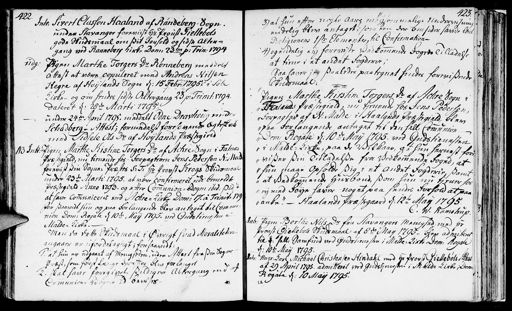 Håland sokneprestkontor, SAST/A-101802/001/30BA/L0003: Parish register (official) no. A 3, 1794-1815, p. 422-423