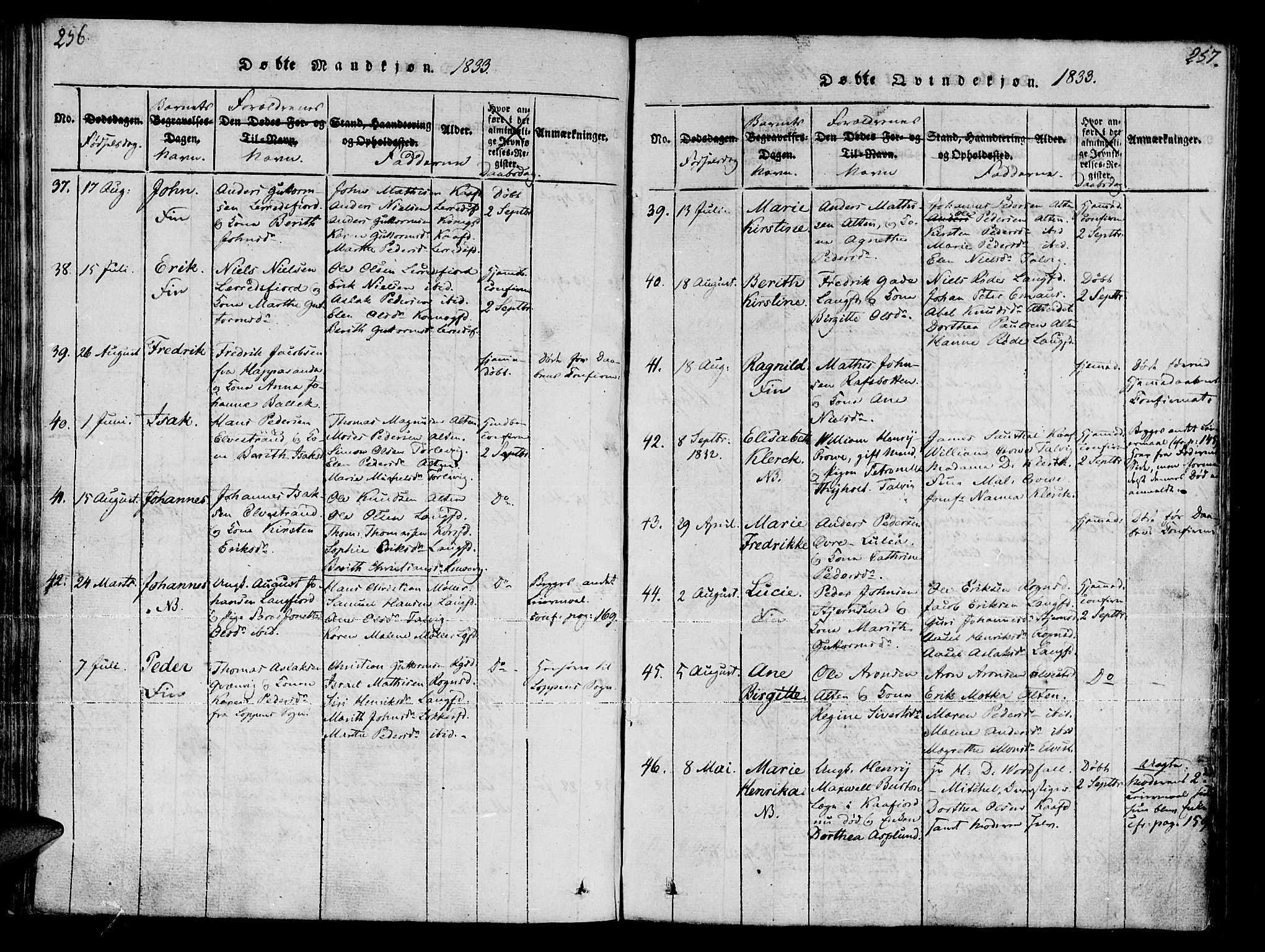 Talvik sokneprestkontor, AV/SATØ-S-1337/H/Ha/L0008kirke: Parish register (official) no. 8, 1821-1837, p. 256-257