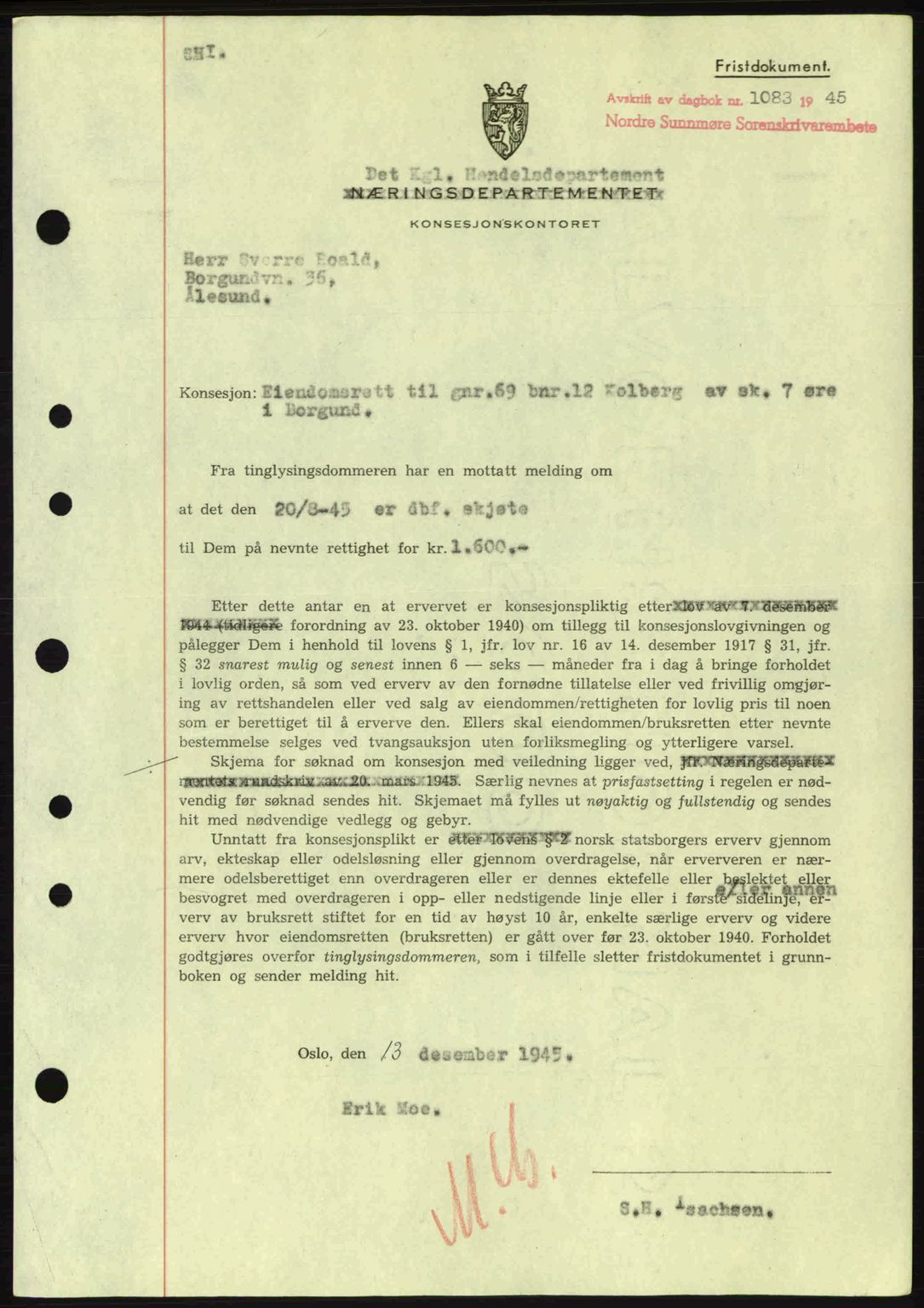 Nordre Sunnmøre sorenskriveri, SAT/A-0006/1/2/2C/2Ca: Mortgage book no. B6-14 a, 1942-1945, Diary no: : 1083/1945