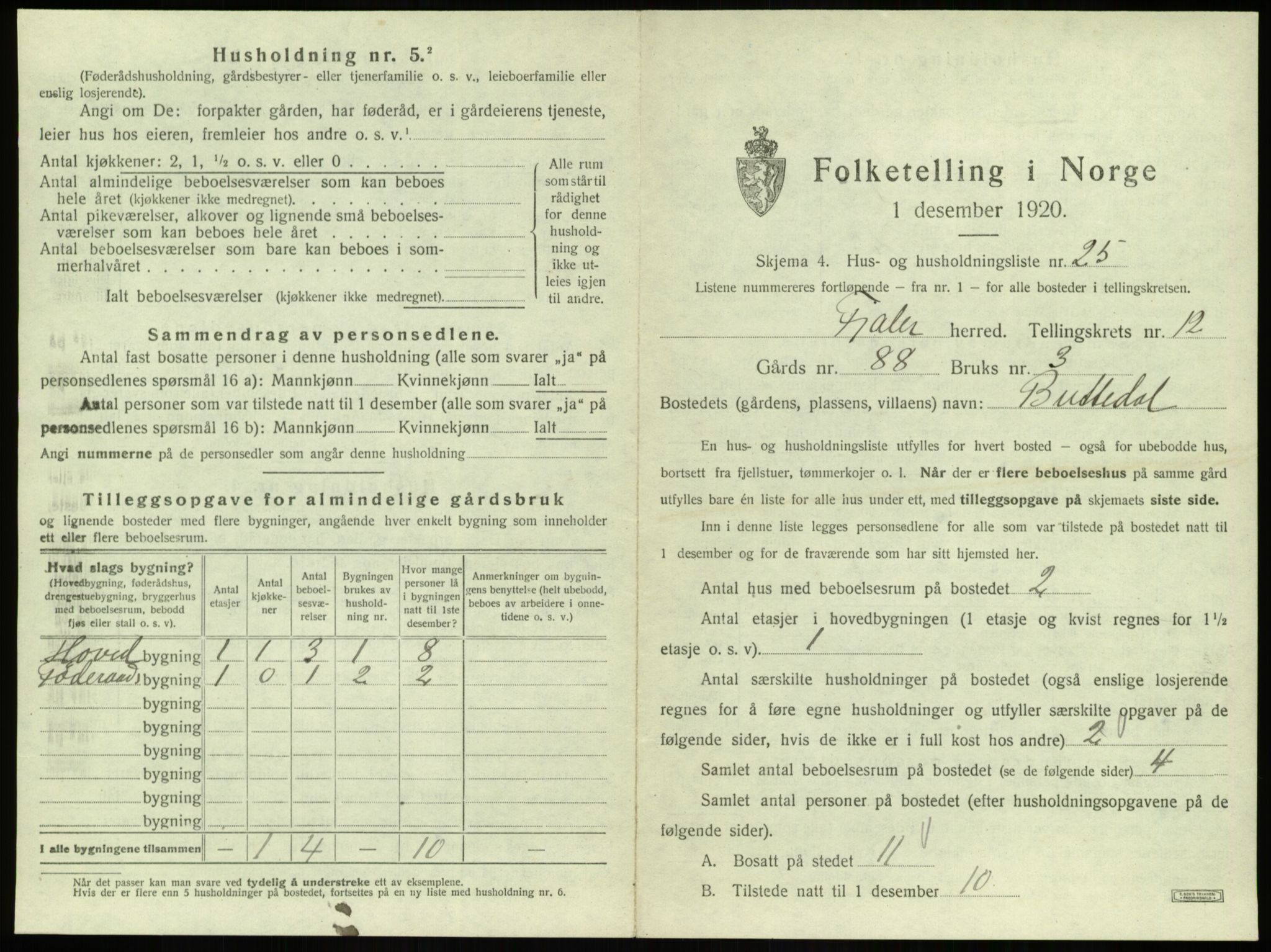 SAB, 1920 census for Fjaler, 1920, p. 1053