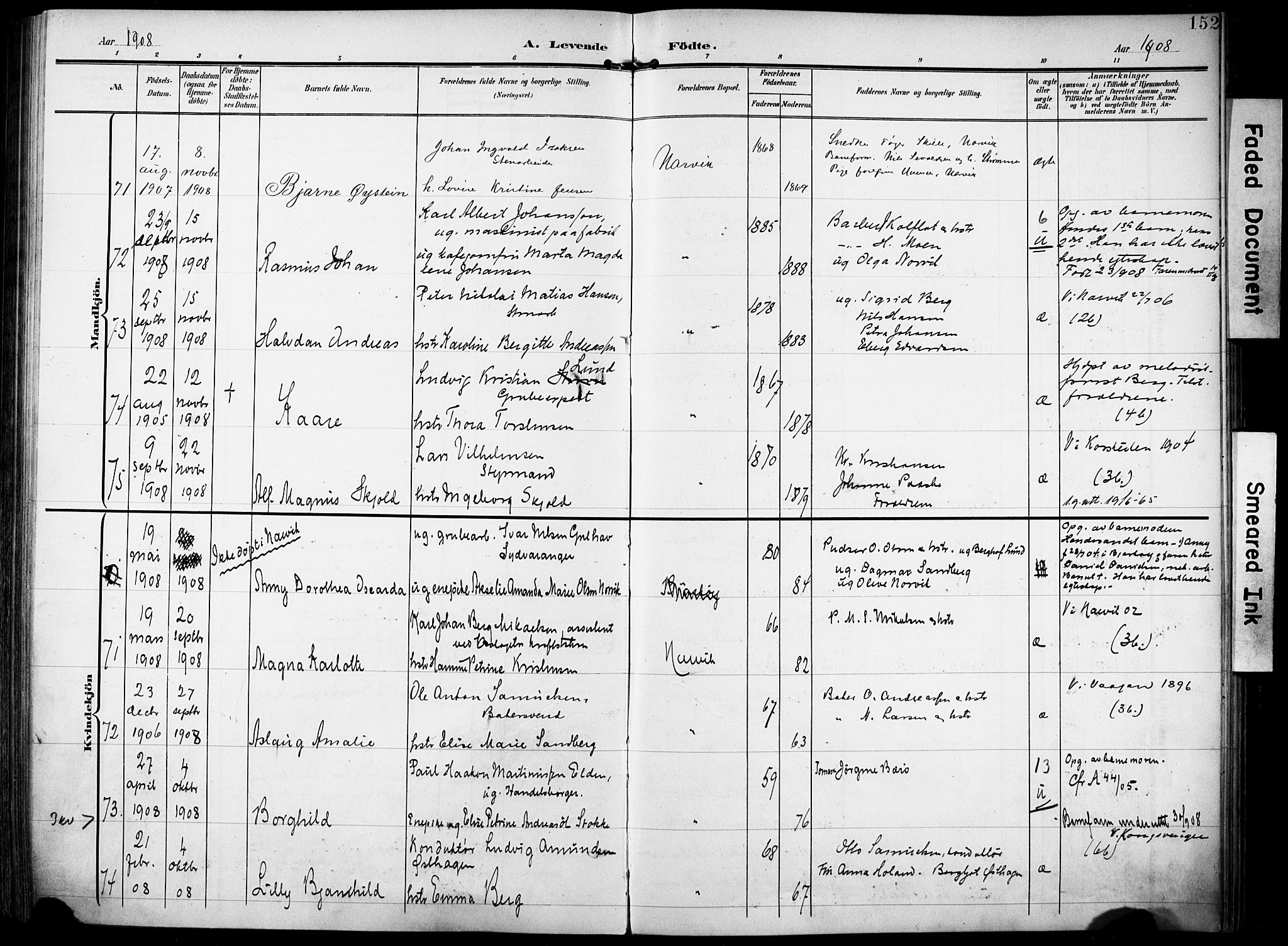 Ministerialprotokoller, klokkerbøker og fødselsregistre - Nordland, AV/SAT-A-1459/871/L0994: Parish register (official) no. 871A10, 1902-1910, p. 152