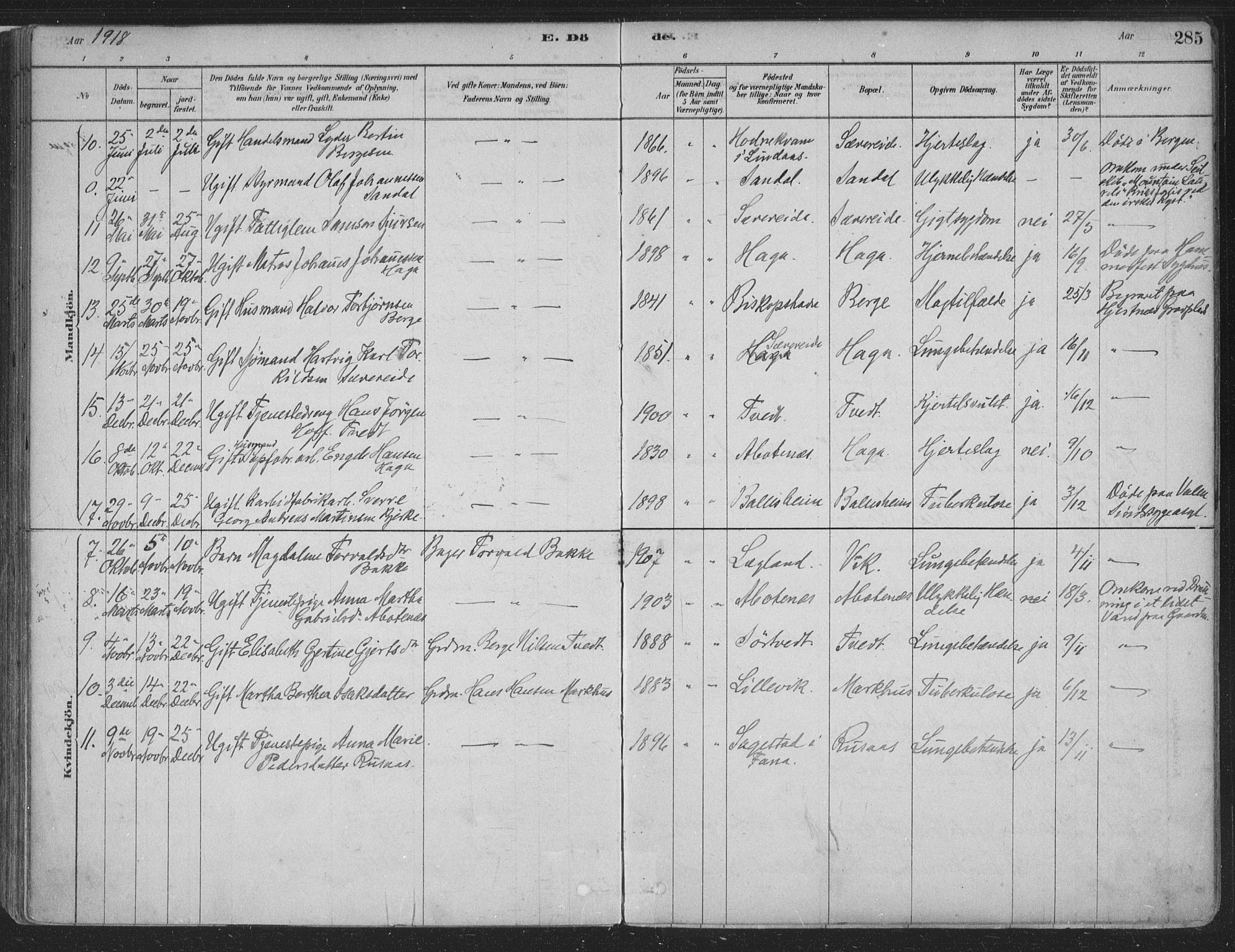 Fusa sokneprestembete, SAB/A-75401/H/Haa: Parish register (official) no. D 1, 1880-1938, p. 285