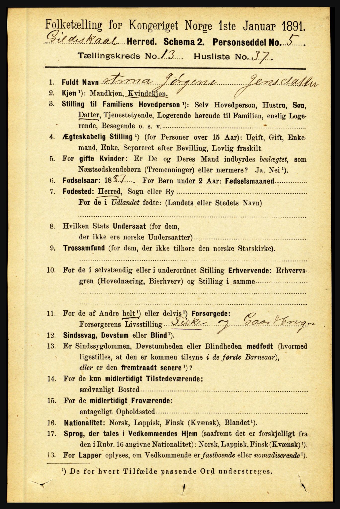 RA, 1891 census for 1838 Gildeskål, 1891, p. 4292