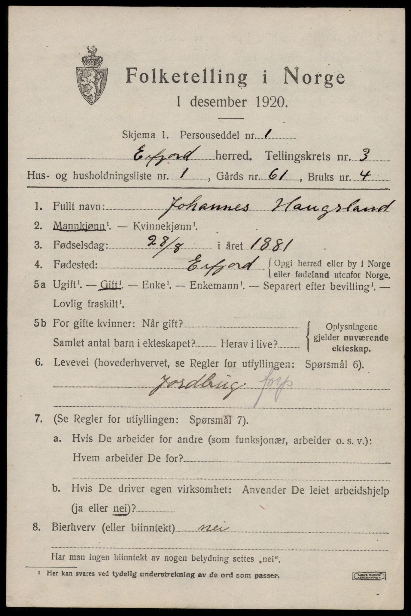 SAST, 1920 census for Erfjord, 1920, p. 955