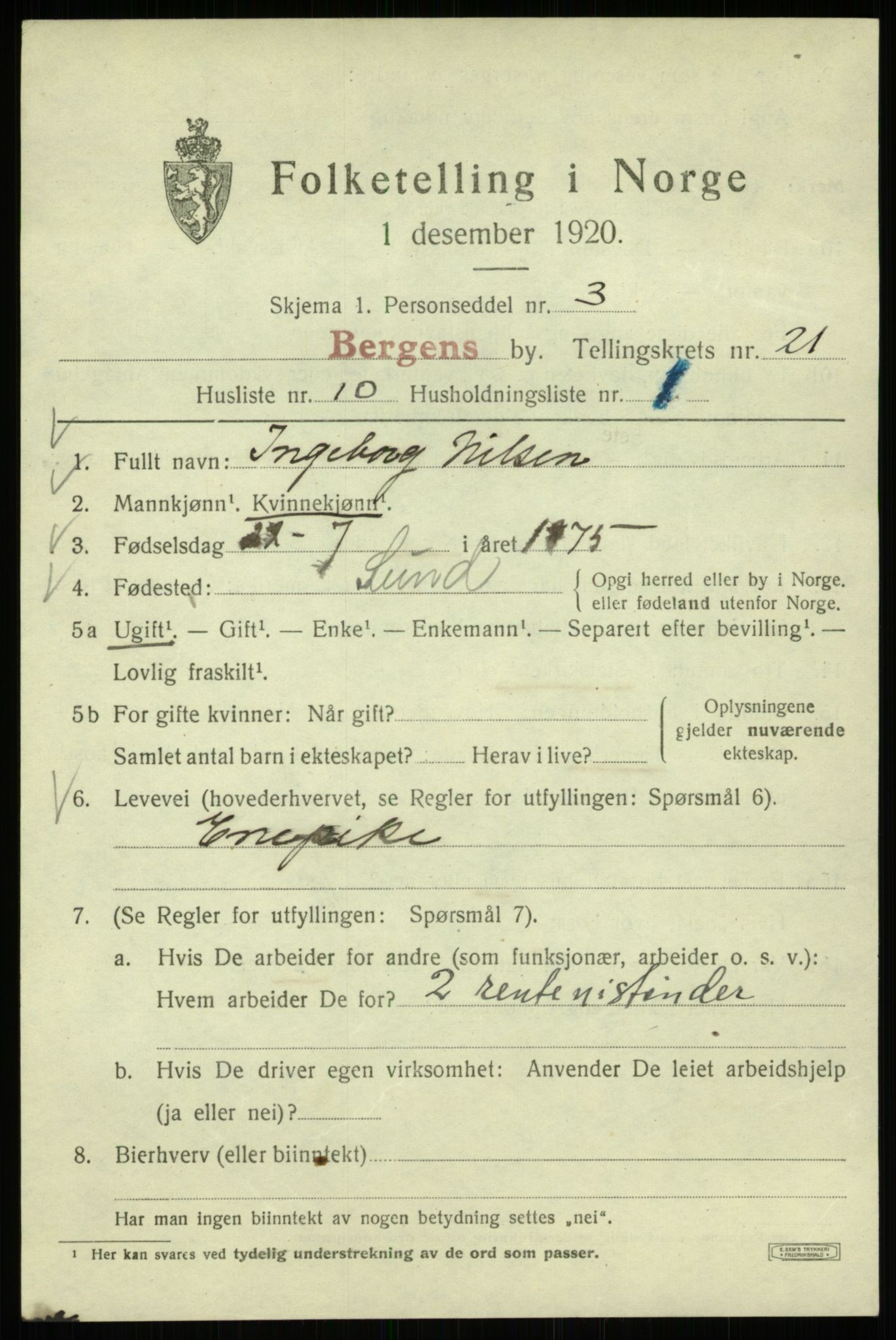 SAB, 1920 census for Bergen, 1920, p. 85059