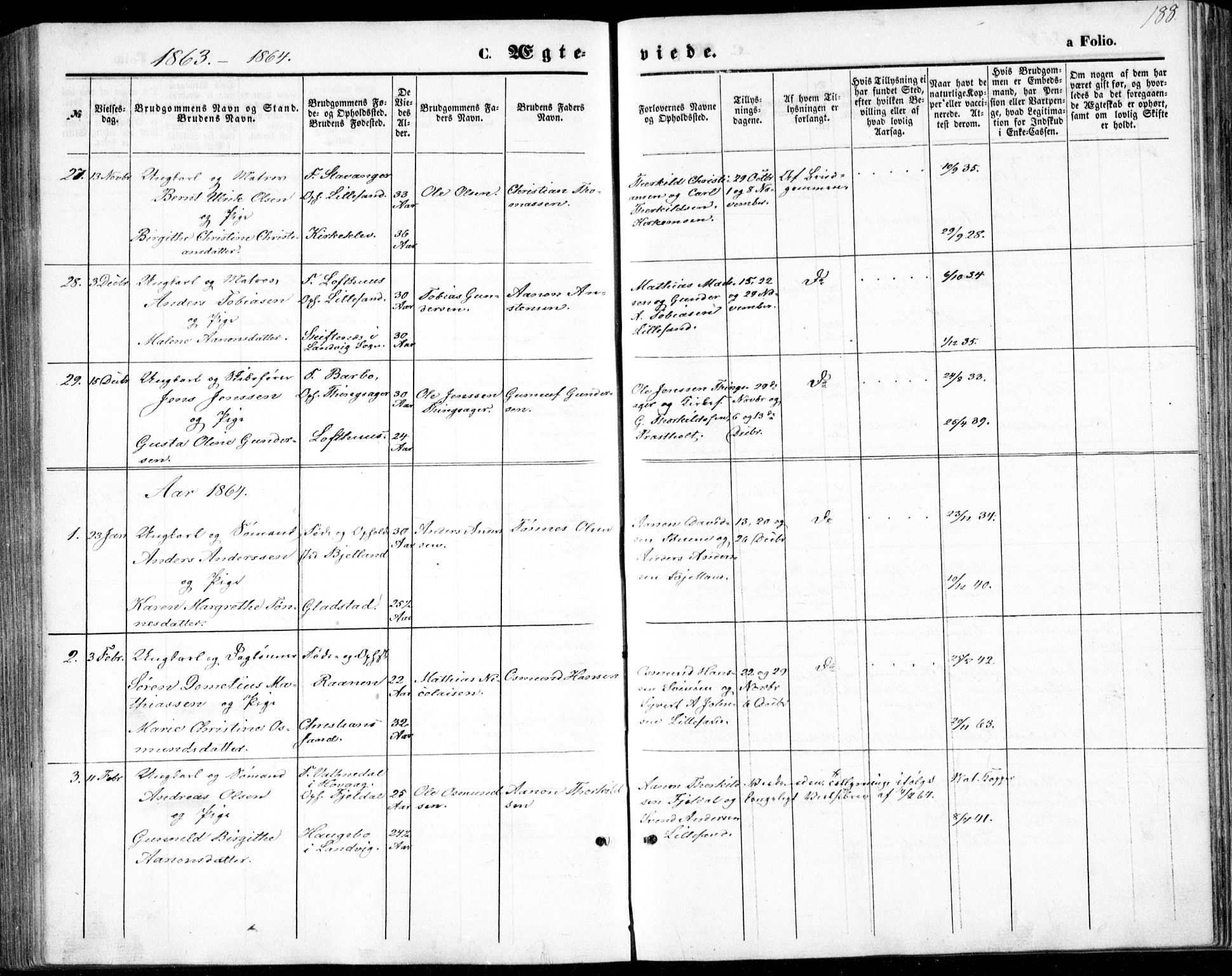 Vestre Moland sokneprestkontor, SAK/1111-0046/F/Fb/Fbb/L0004: Parish register (copy) no. B 4, 1861-1872, p. 188
