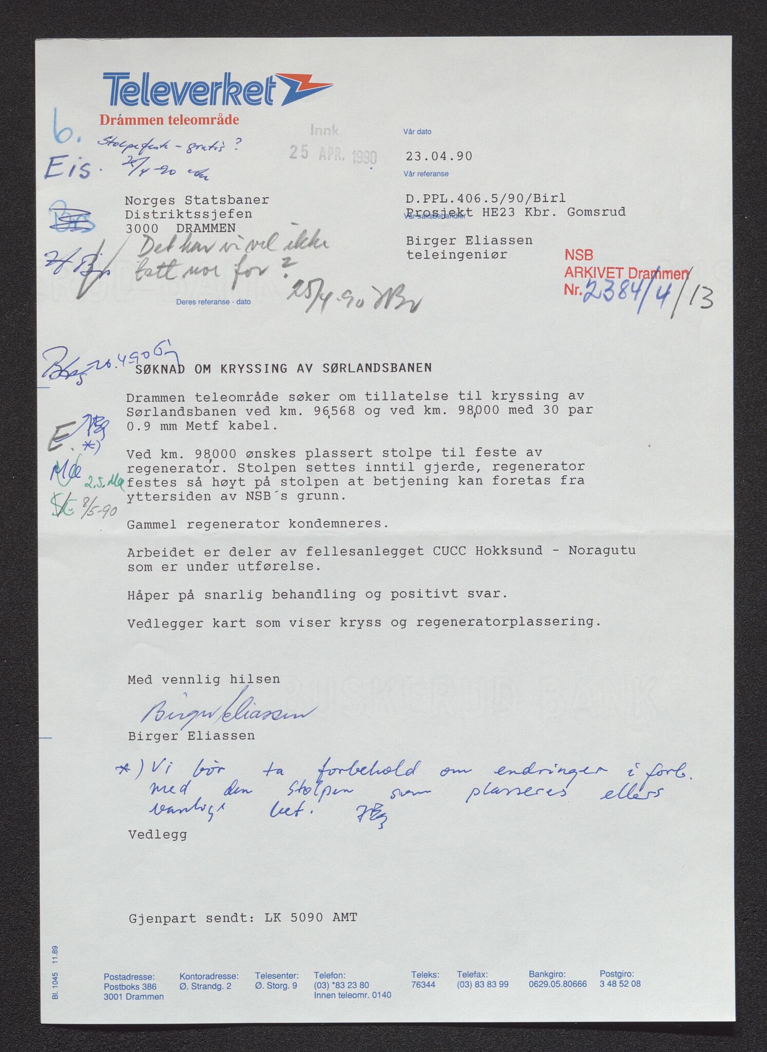 Norges Statsbaner Drammen distrikt (NSB), AV/SAKO-A-30/F/Fe/Fed/L0055/0001: Elektroarkiv / Televerkets kryssinger og nærføringer - Sørlandsbanen, 1982-1990, p. 10