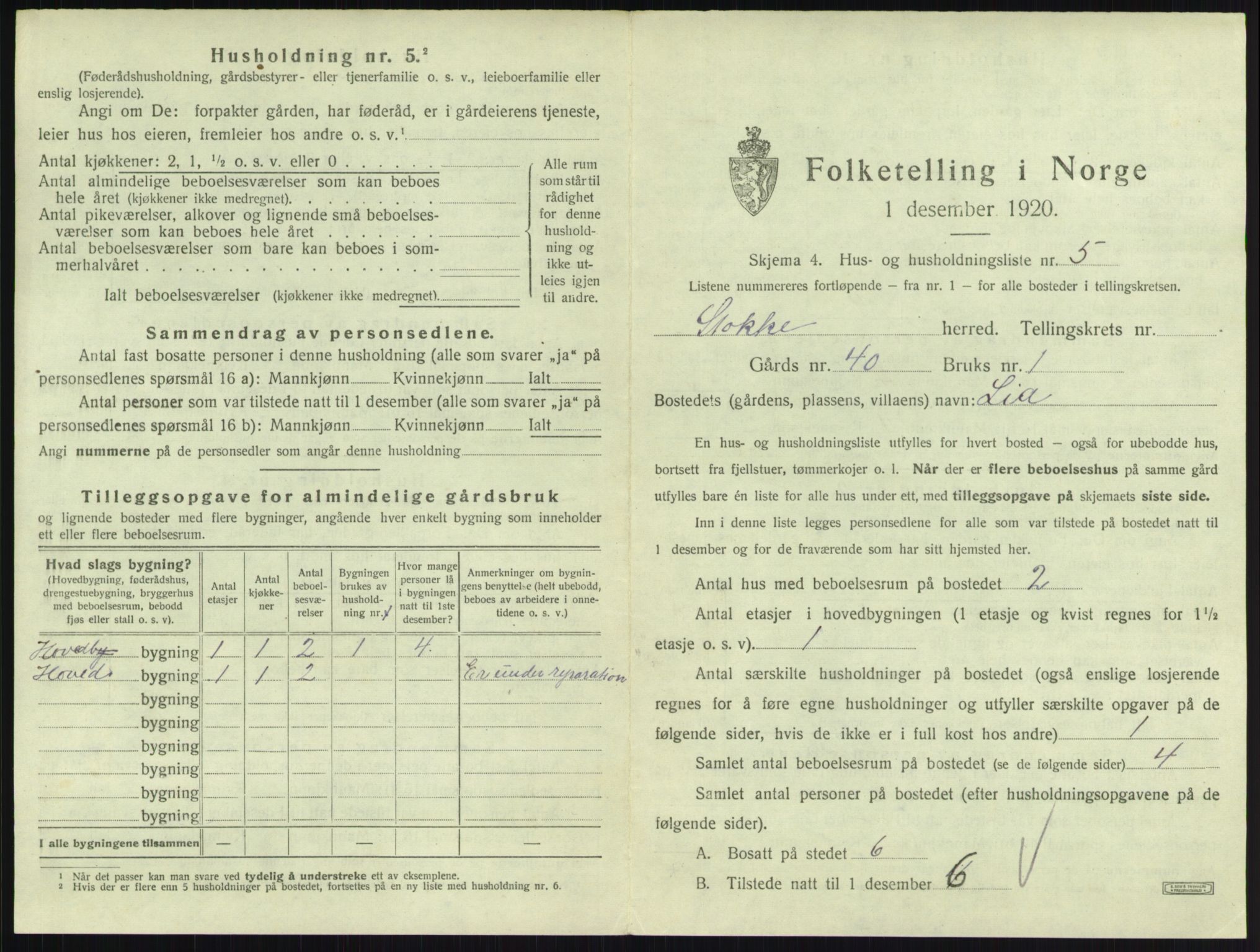 SAKO, 1920 census for Stokke, 1920, p. 274