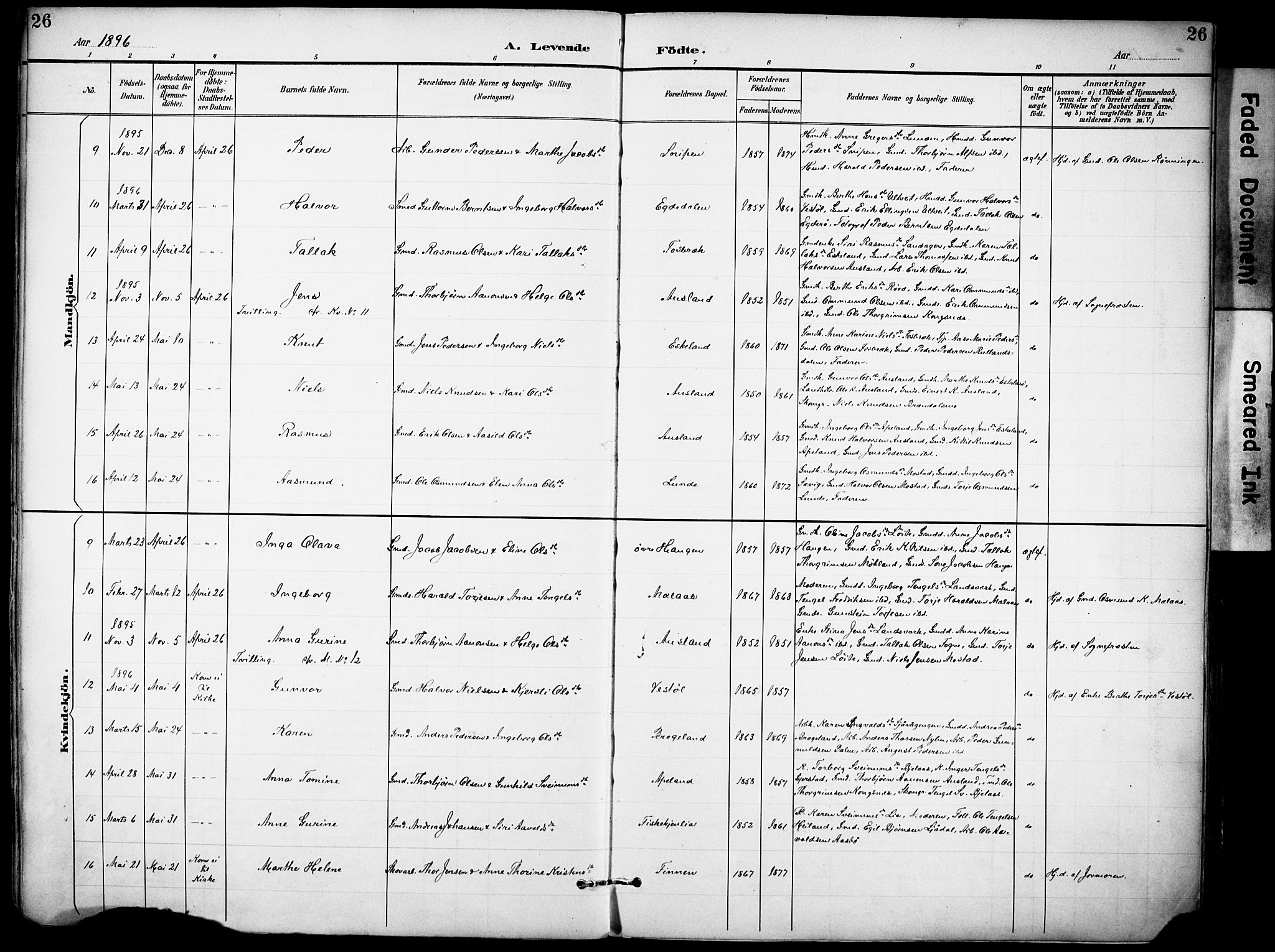 Gjerstad sokneprestkontor, AV/SAK-1111-0014/F/Fa/Faa/L0010: Parish register (official) no. A 10, 1891-1902, p. 26