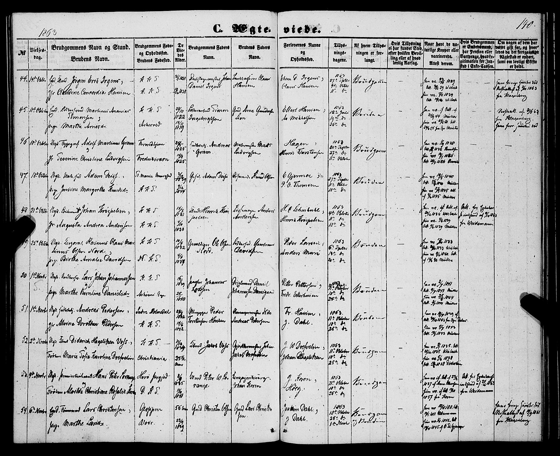 Korskirken sokneprestembete, AV/SAB-A-76101/H/Haa/L0035: Parish register (official) no. D 2, 1852-1867, p. 140