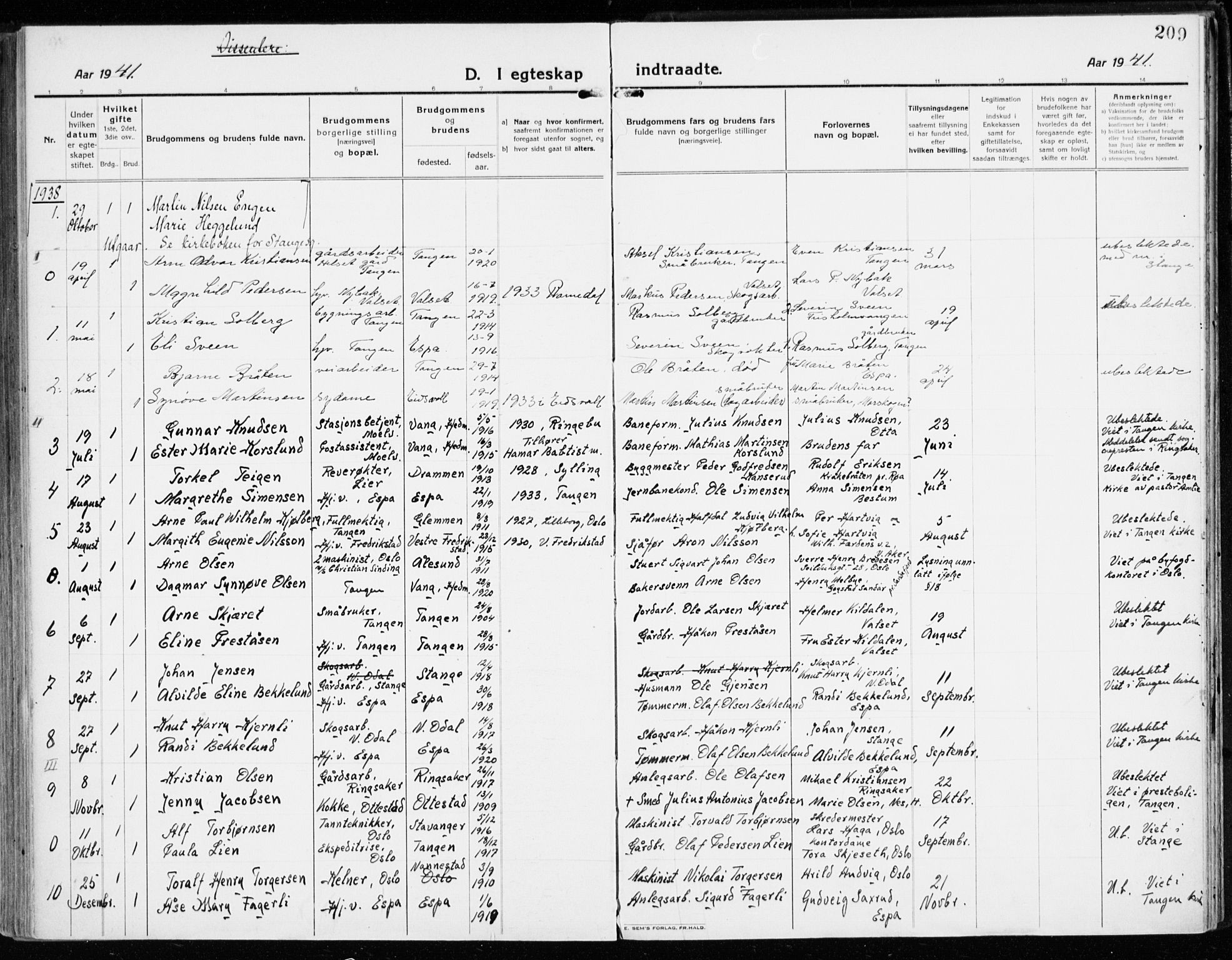 Stange prestekontor, SAH/PREST-002/K/L0025: Parish register (official) no. 25, 1921-1945, p. 209
