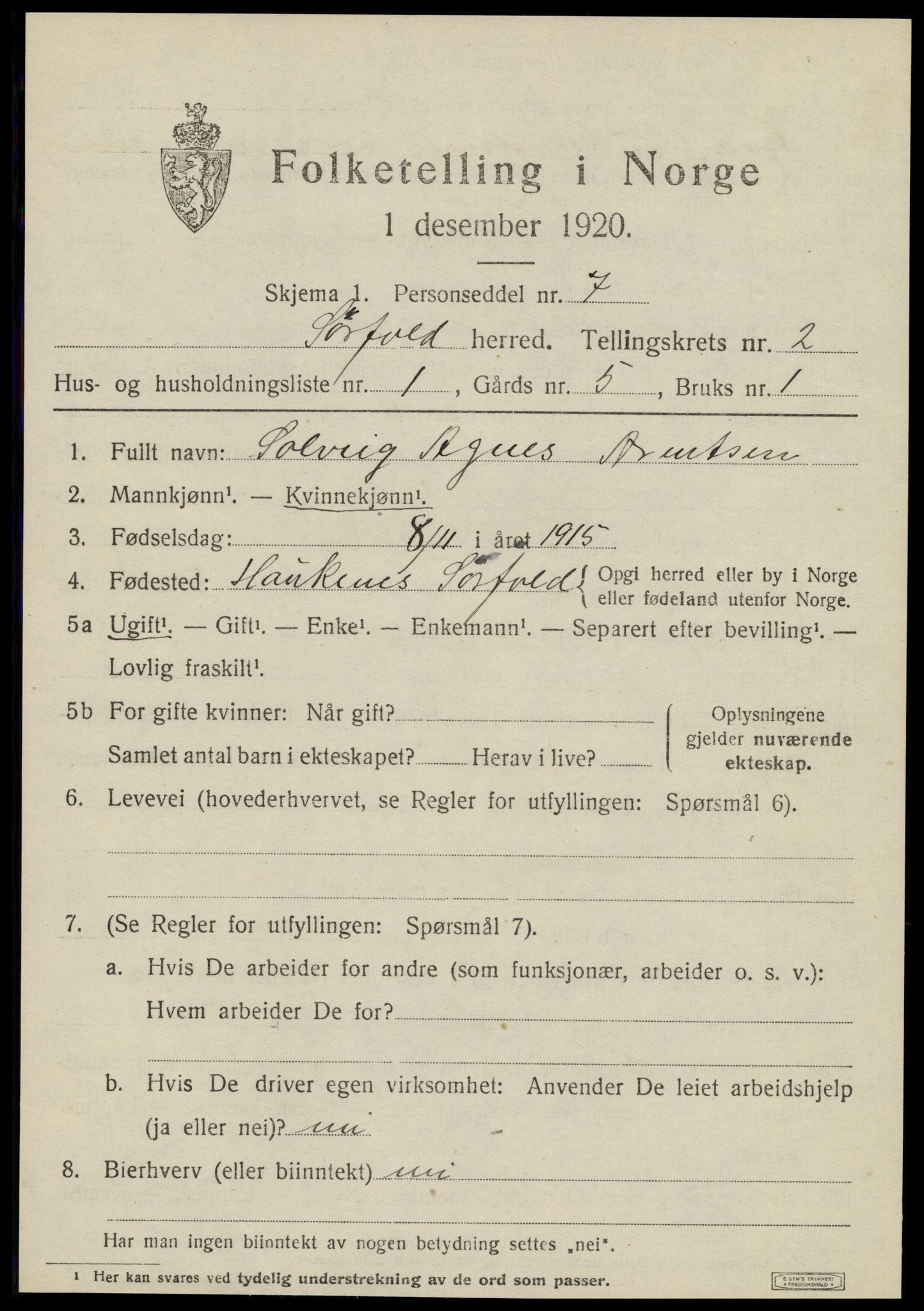 SAT, 1920 census for Sørfold, 1920, p. 1353