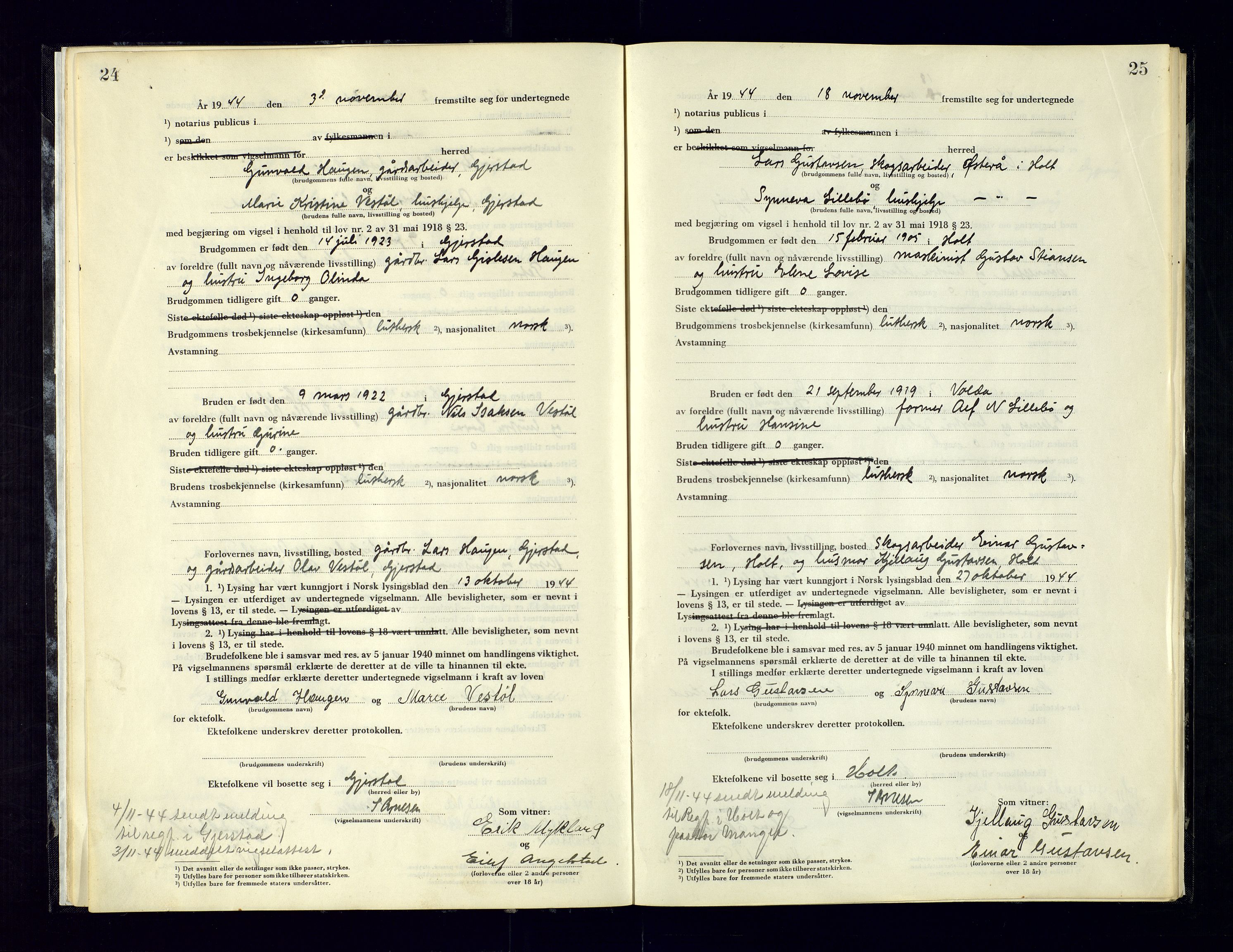 Holt sorenskriveri, AV/SAK-1221-0002/L/Ld/L0003: Vigselbok nr. 2, 1944-1964, p. 24-25