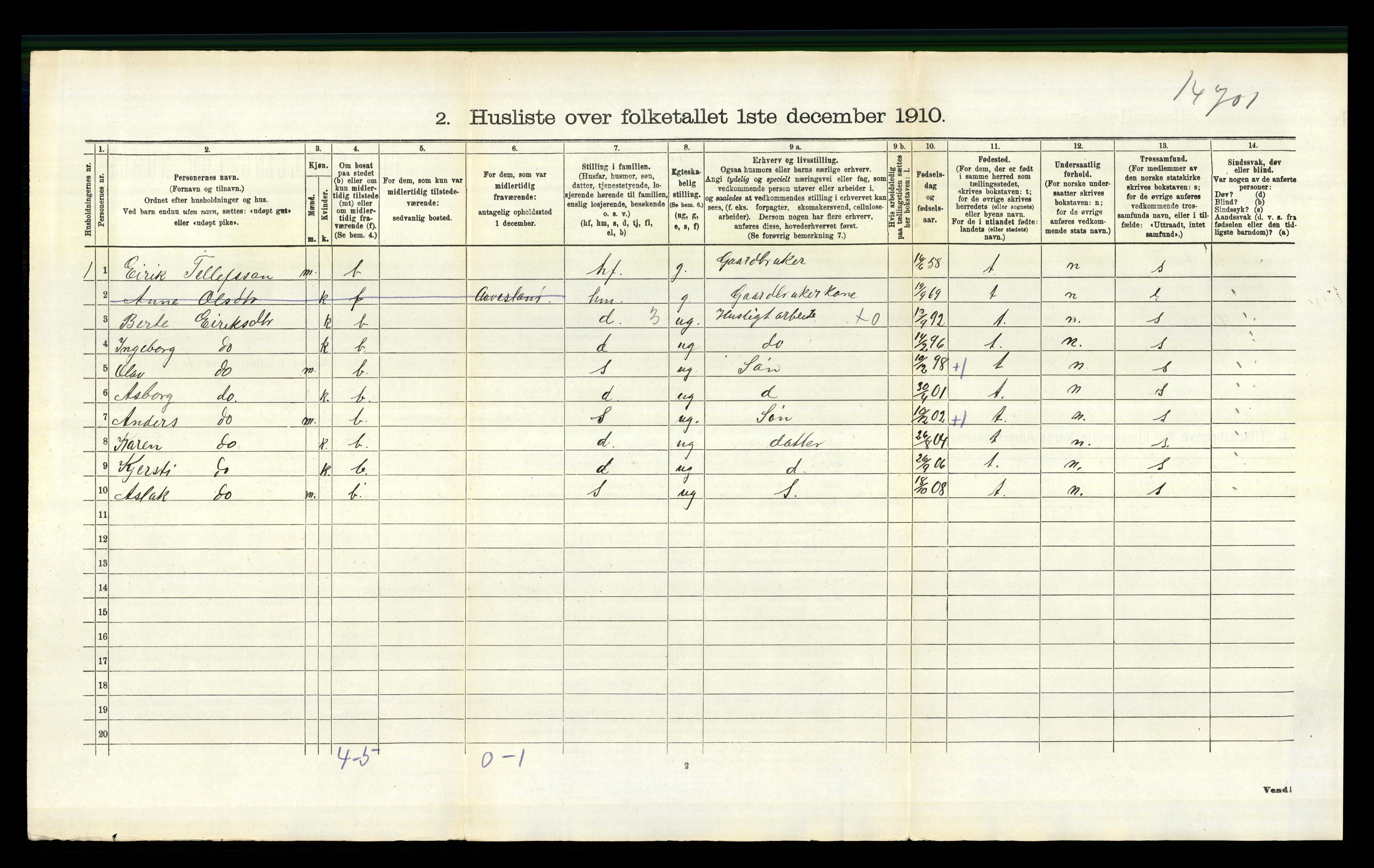 RA, 1910 census for Evje, 1910, p. 97