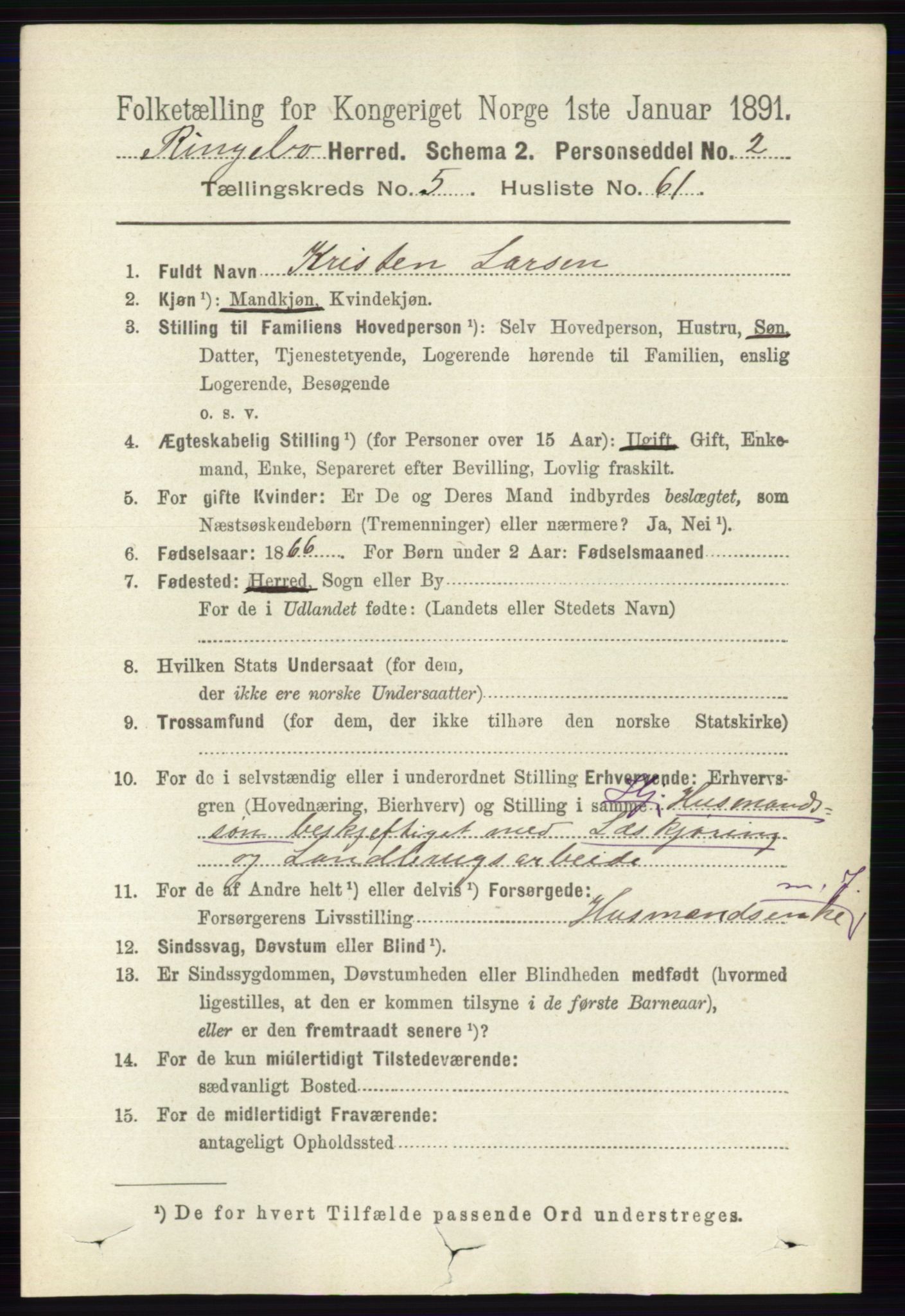 RA, 1891 census for 0520 Ringebu, 1891, p. 2346